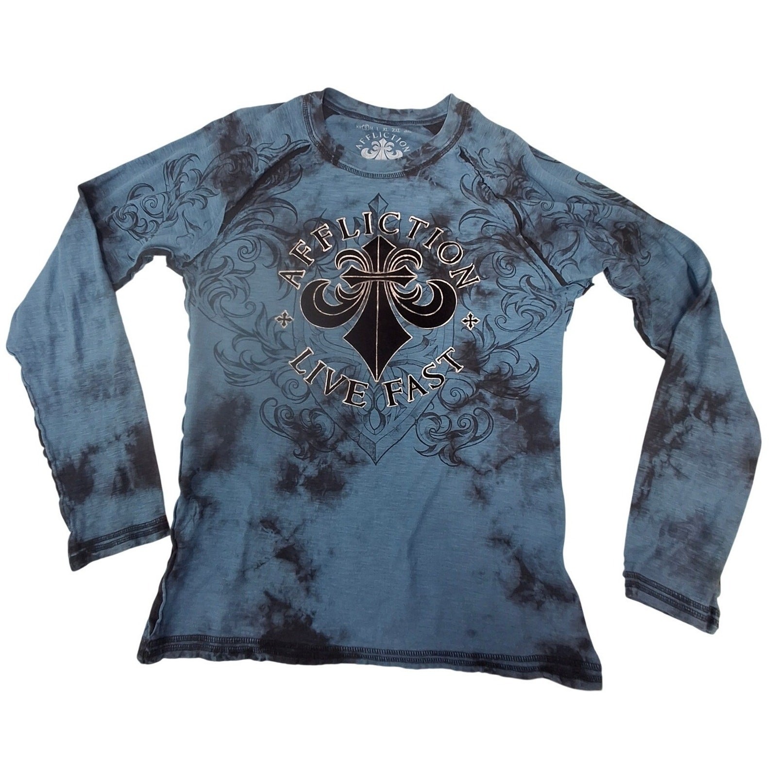 Affliction Live Fast Long Sleeve Tee Small Blue Crystal Wash Y2K Grunge