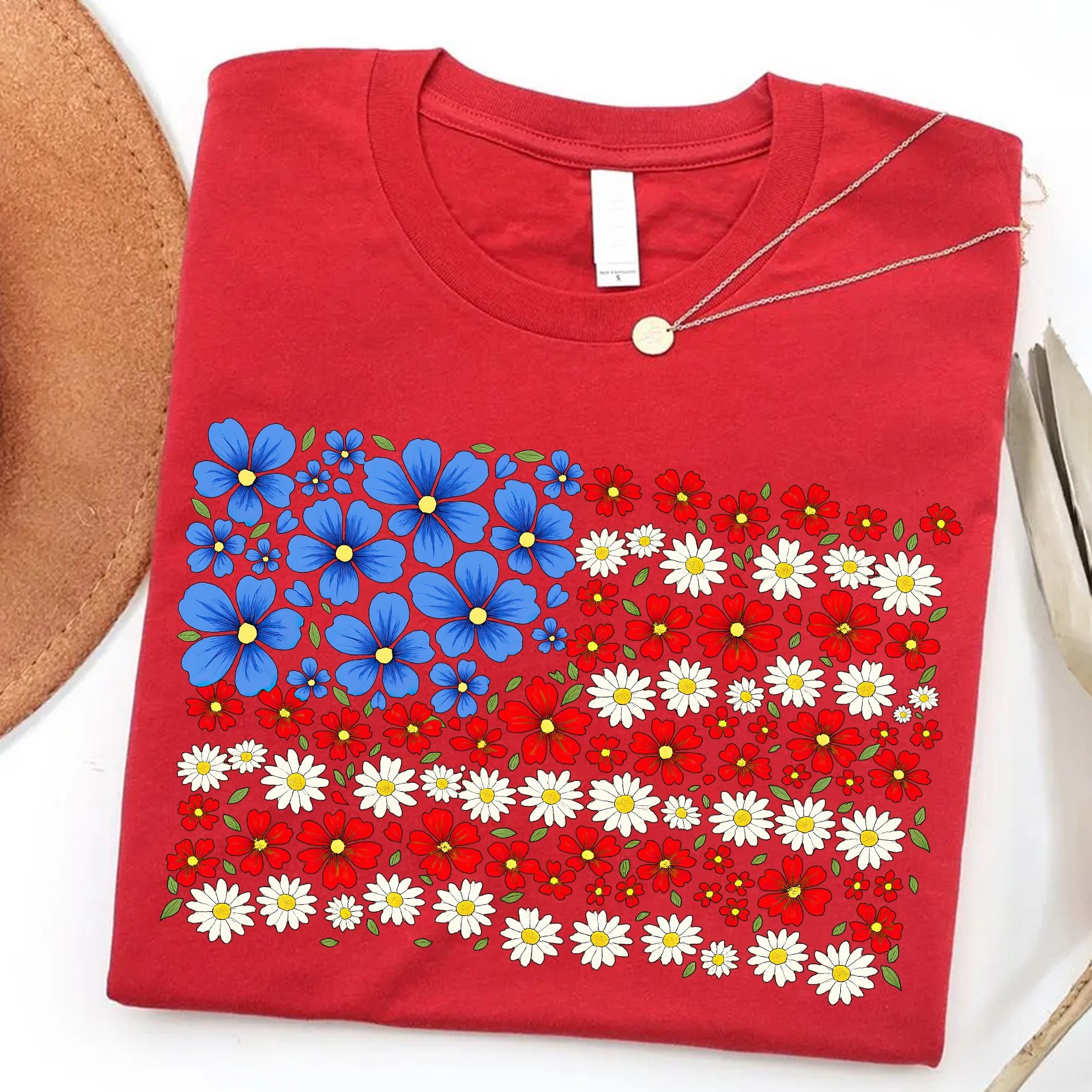 Floral American Flag Shirt 4th of July Patriotic Wildflower USA 250th Unisex Tee