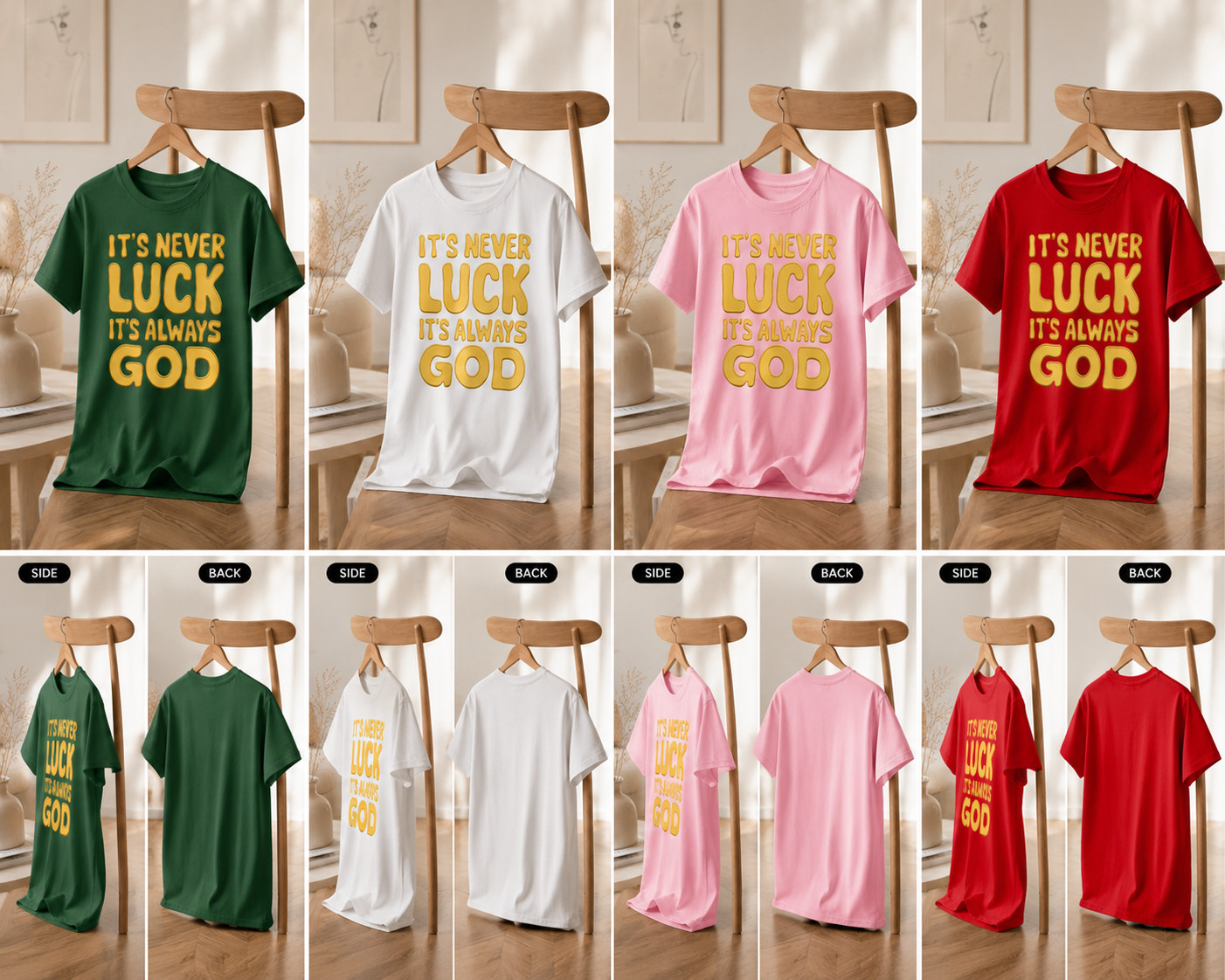 It&rsquo;s Never Luck It&rsquo;s Always God Shirt Bold Christian Faith Tee Gold Black