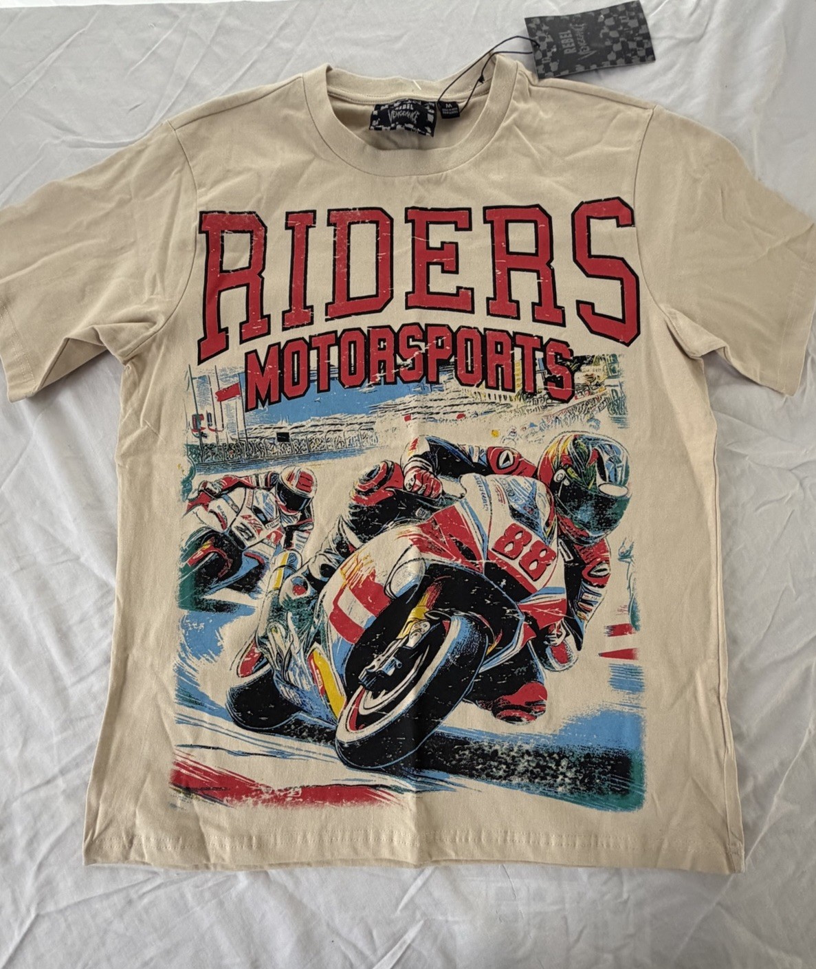 Rebel Vengeance Riders Motorsports Graphic Print T-Shirt Beige Men’s M Crew