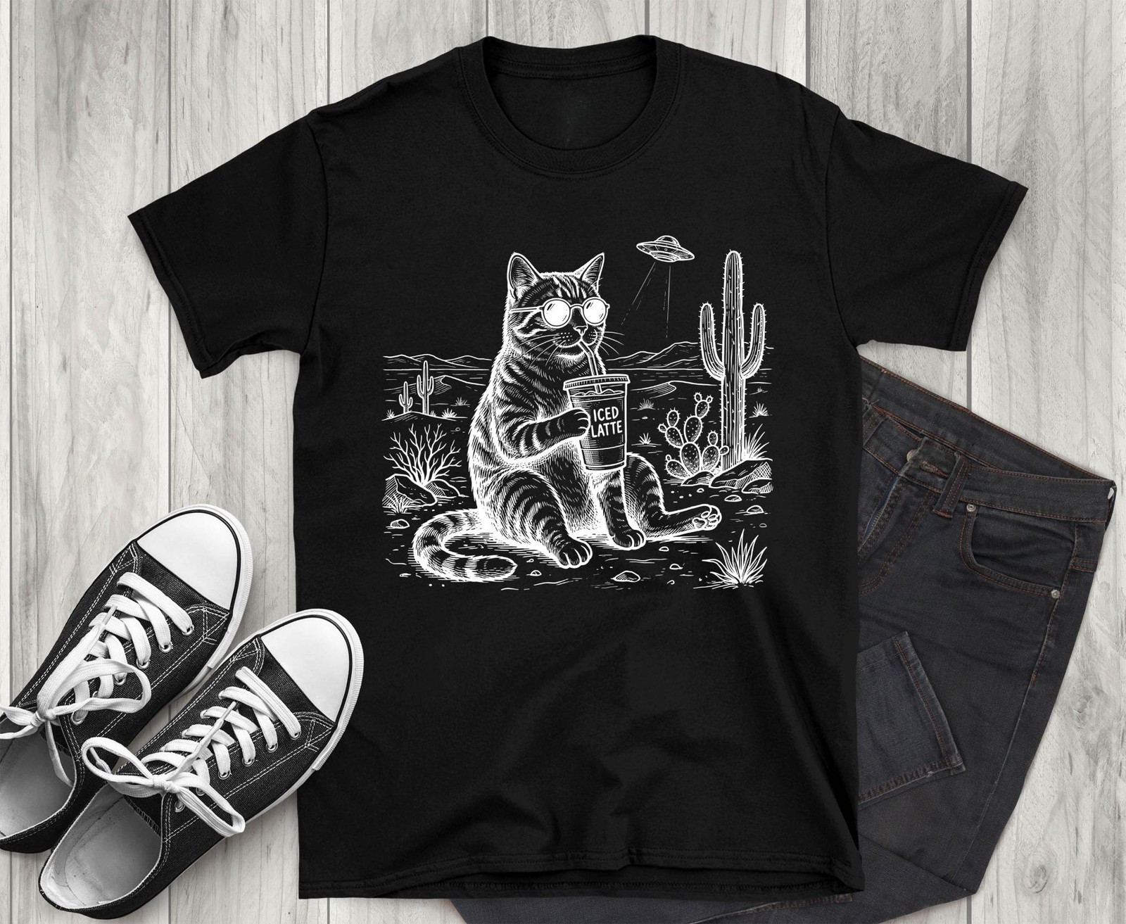 Cool Cat Iced Latte T-Shirt, Funny Tabby in Sunglasses, Desert Cactus Scene,
