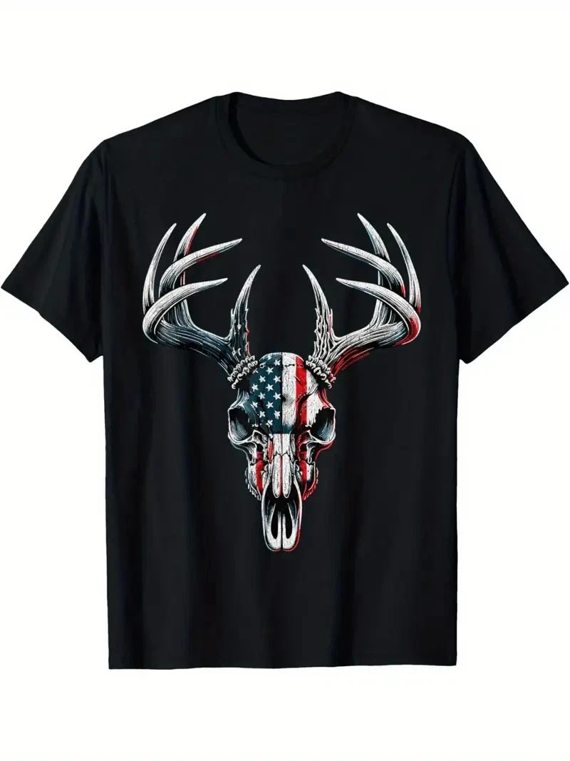 American Flag Men&rsquo;s T-Shirt – Whitetail Deer Hunting on Buck Skull