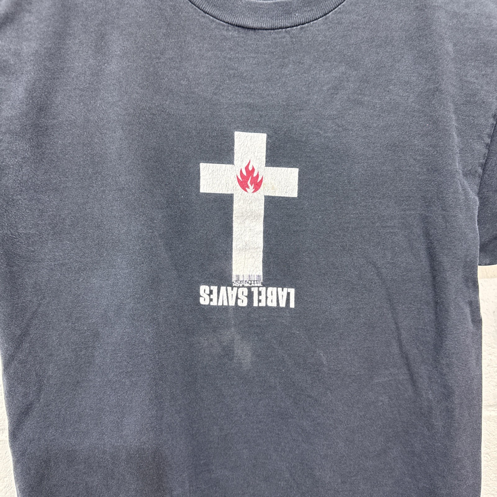 Vintage 90s Label Saves Black Label Flame Cross Logo Skater T Shirt Size Medium