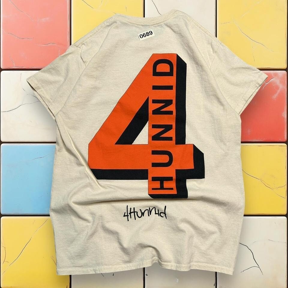 4Hunnid YG Shadow Logo Graphic Shirt Y2K Men M Cream Short Sleeve Crewneck Tee