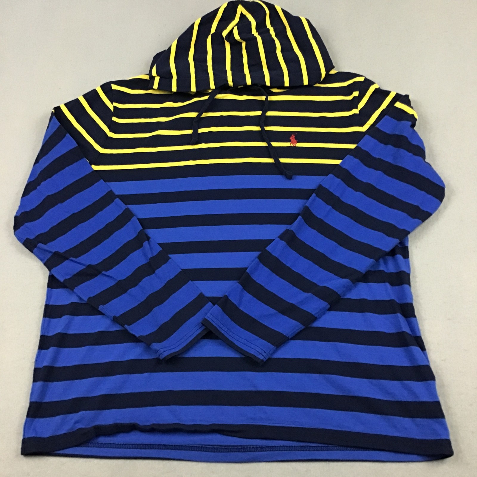 Polo Ralph Lauren Shirt Men Large Navy Yellow Striped Hood Pullover Pony L