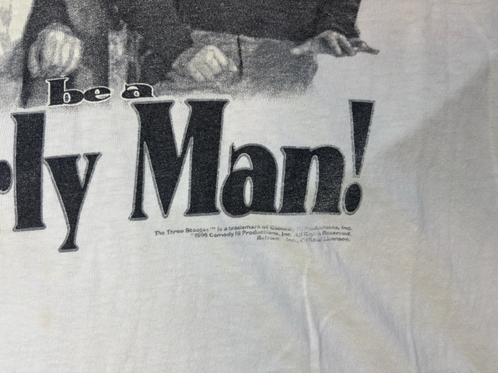 Vintage Three Stooges Shirt Mens Medium White Girly Curly Man 90s REPAIRED FLAWS