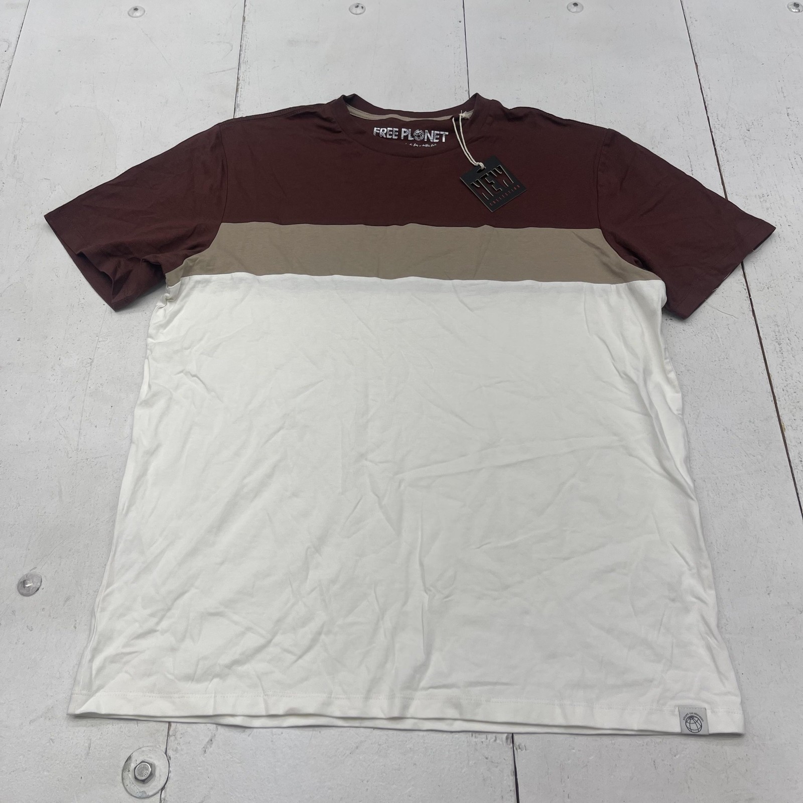Free Planet Shirt Mens Large Brown Tan White Colorblock Crewneck New Tee Stretch
