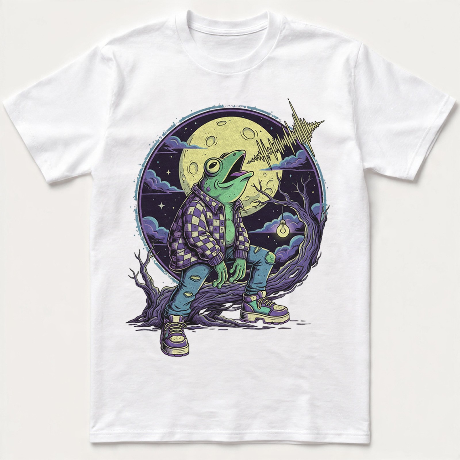 Funny Frog Flannel Howling Moon Spooky Tree Retro Graphic Tee Gift Men