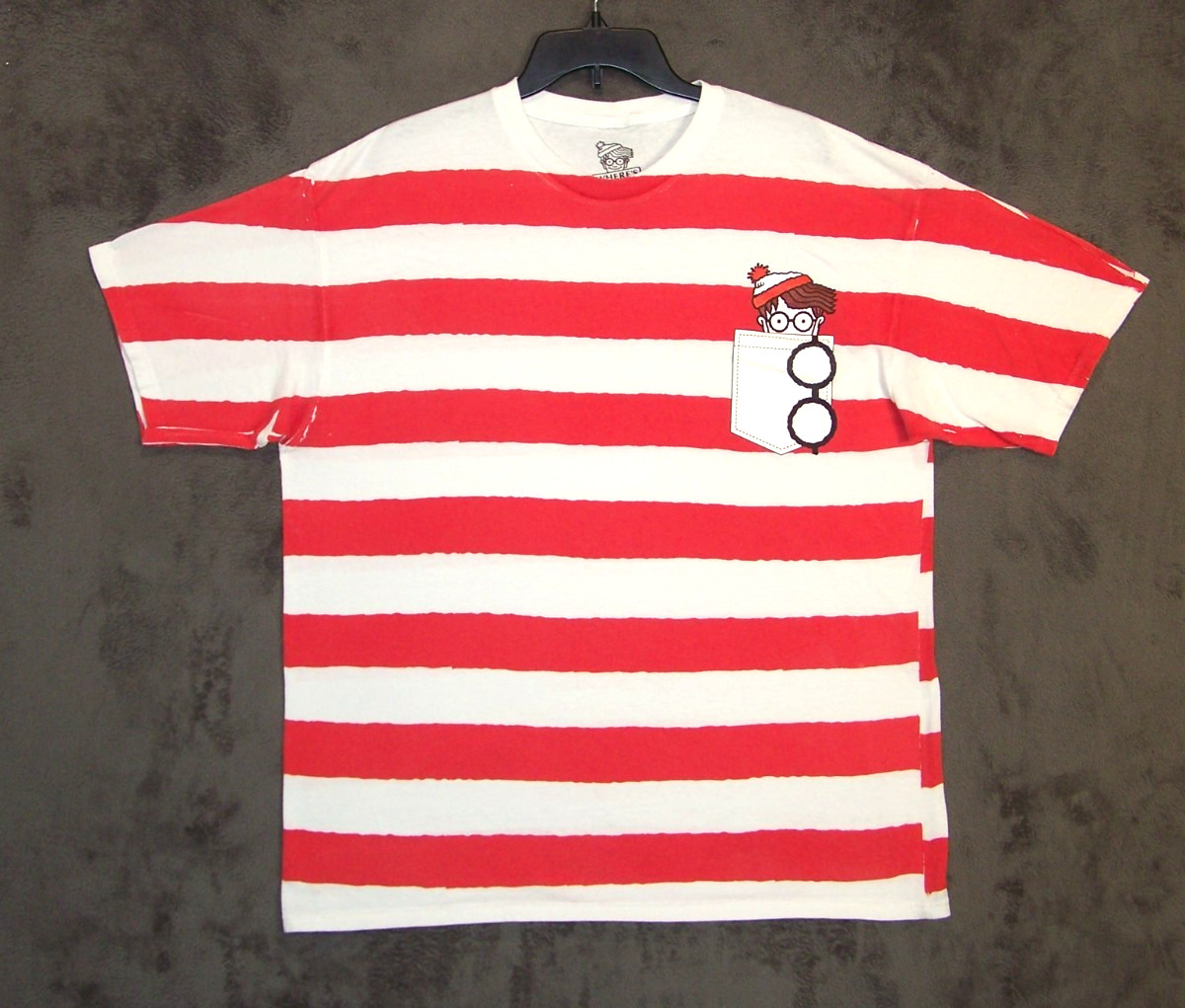 Wheres Waldo Shirt XXL 2XL White Pink Strip Graphic Logo Short Sleeve Cotton Men