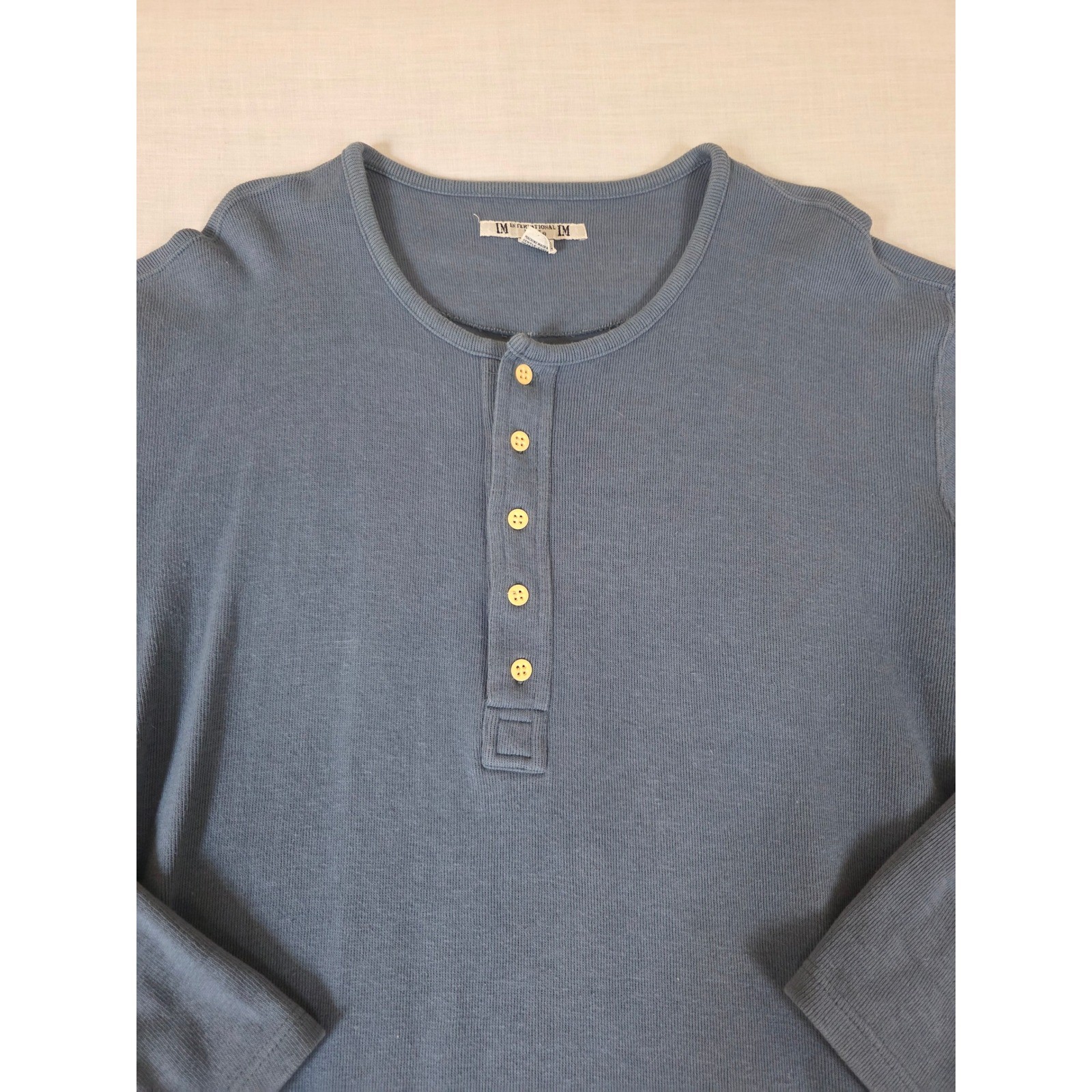 International Male Vintage 90s Henley Shirt Ribbed Long Sleeve XL Blue Local 99