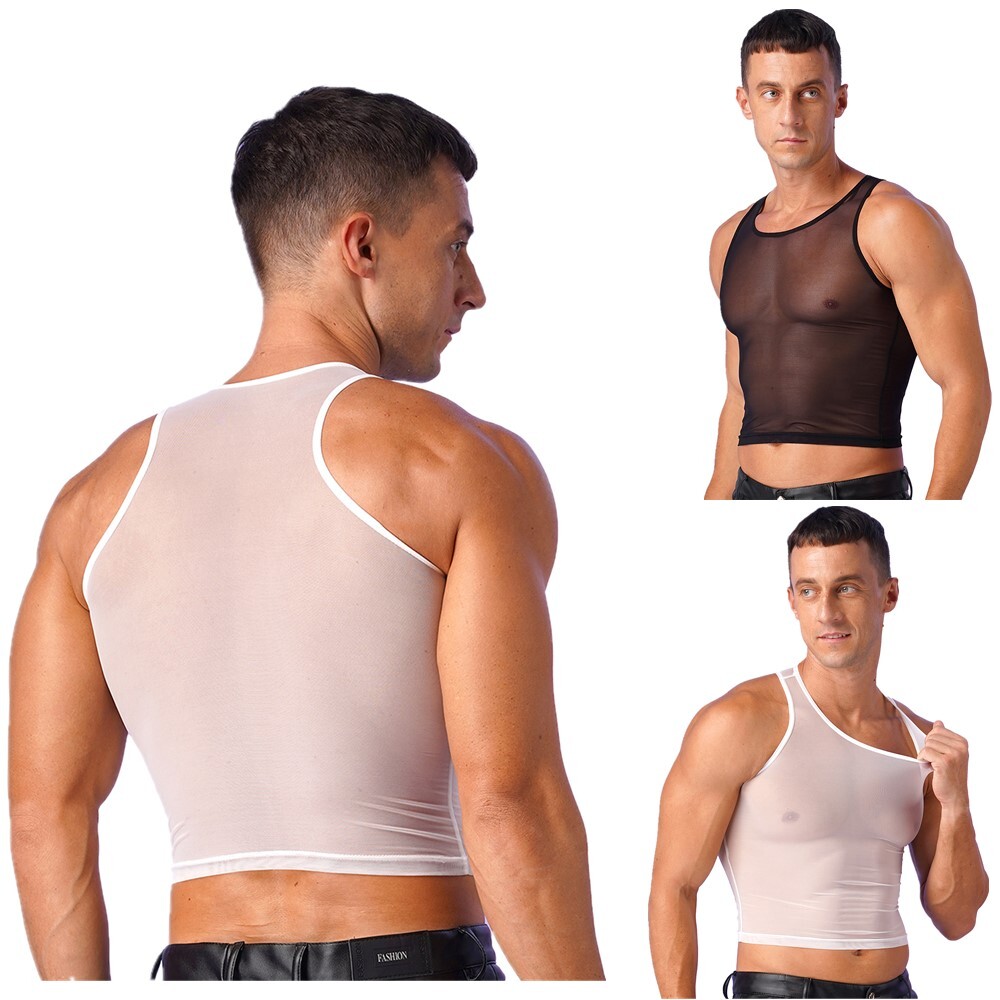 Men&rsquo;s Tank Top Sleeveless Crop Tops Mesh Blouse U Neck Vests Club T-shirts Sexy