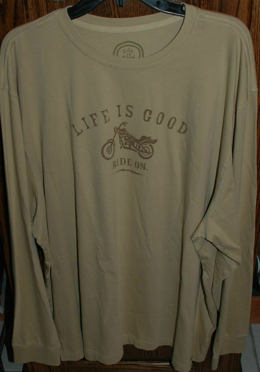 NWT Men&rsquo;s Life Is Good Ride On Motorcycle Khaki LS Crusher Tee