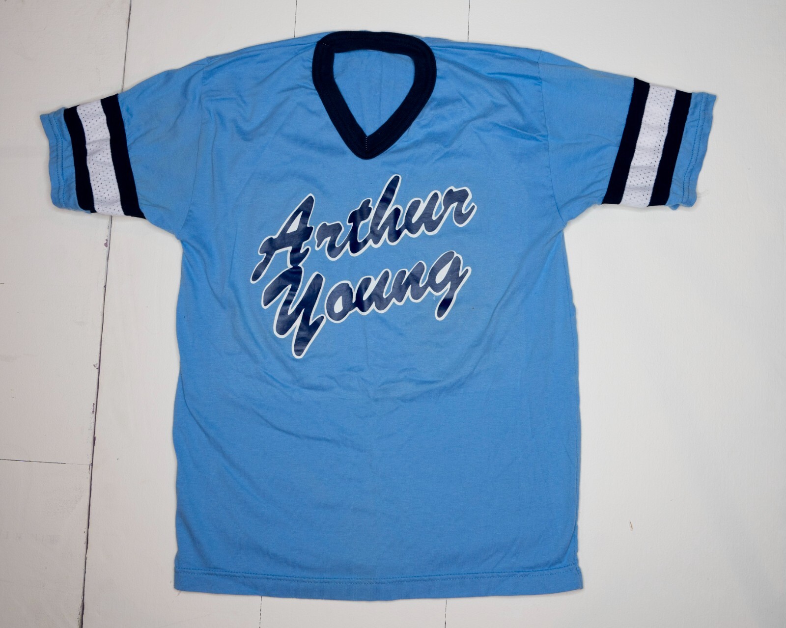 Vtg 80s Arthur Young #22 Men&rsquo;s T-Shirt Blue Athletic Ringer Stripes Mesh Sz M
