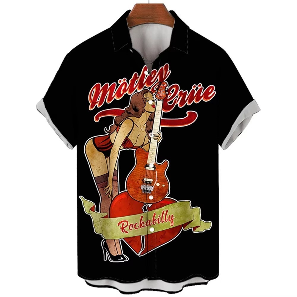Mens Button Down Rockabilly Boogie Pinup Hawaiian Top Novelty Holiday Gift Shirt
