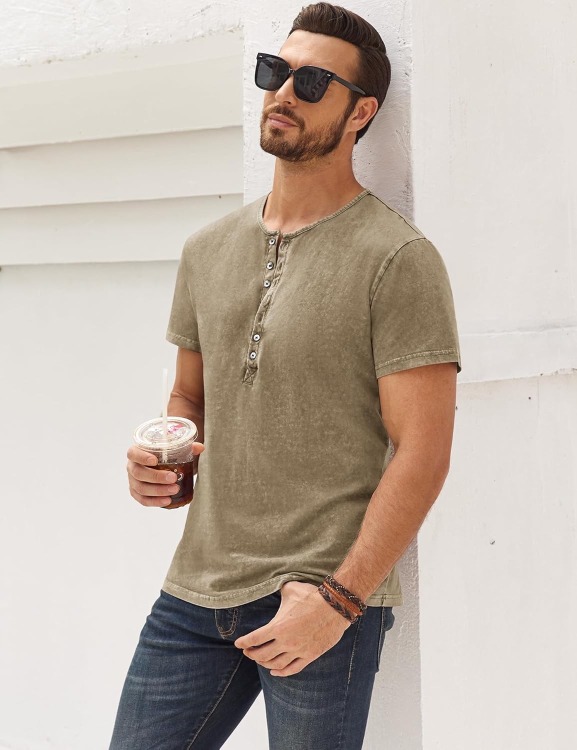 Mens Distressed Henley Shirt Short Sleeve Retro Washed Casual Slim Fit Tee