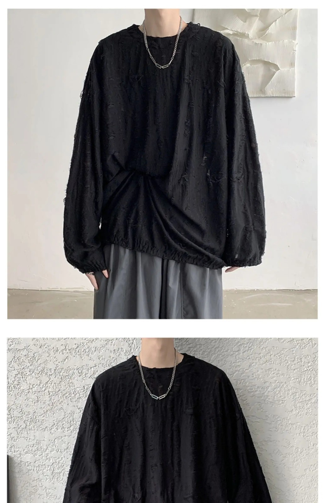 Men&rsquo;s Distressed Hole Long Sleeve T-Shirt Hip Hop Oversized Harajuku Streetwear
