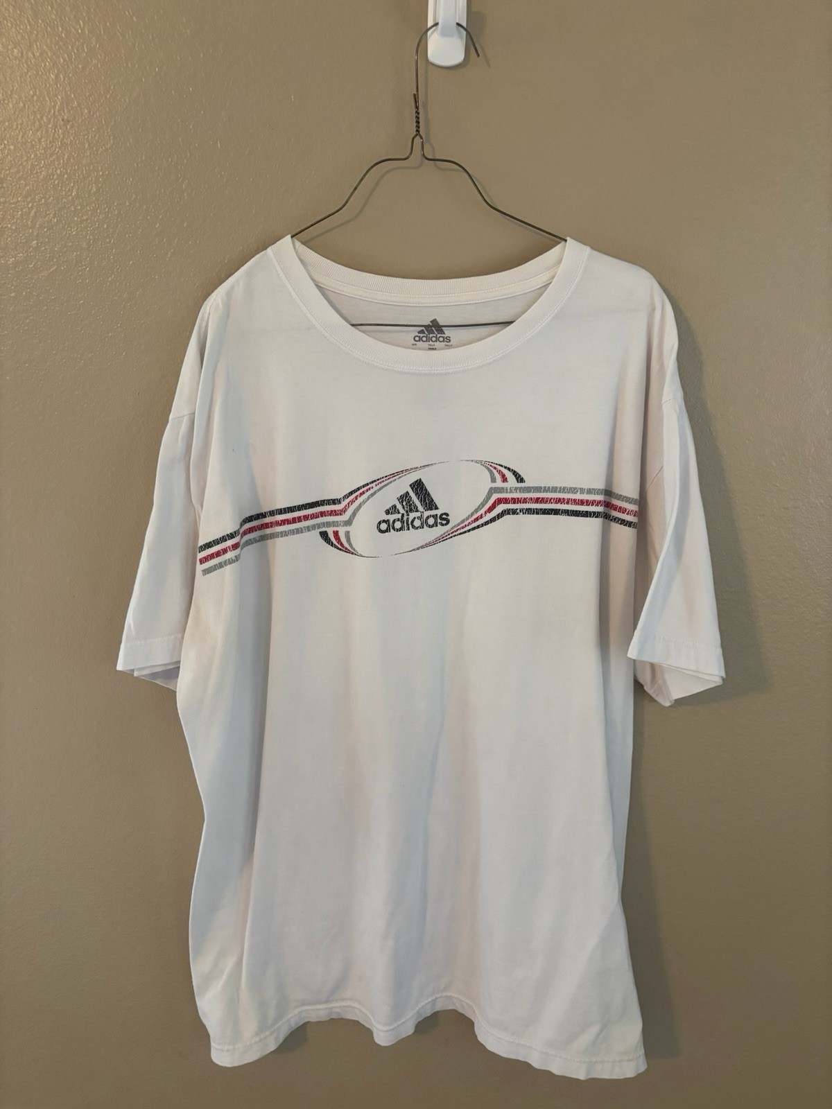 Adidas Graphic Logo TShirt Mens Sz 2XL White Red Gray Striped Oval Print Vintage