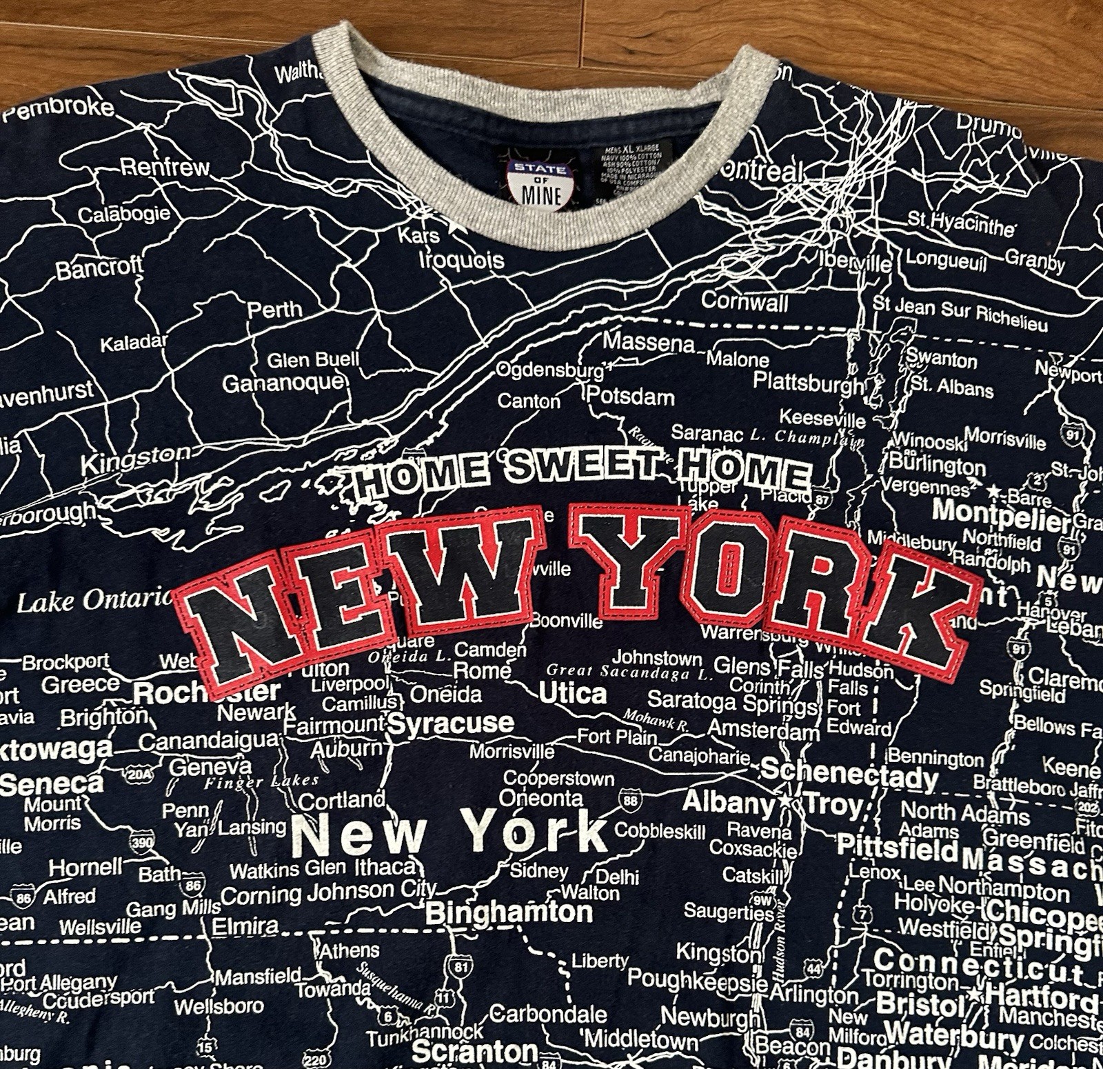 Vintage New York State Map Navy Shirt Mens XL Home Sweet Home All Over AOP