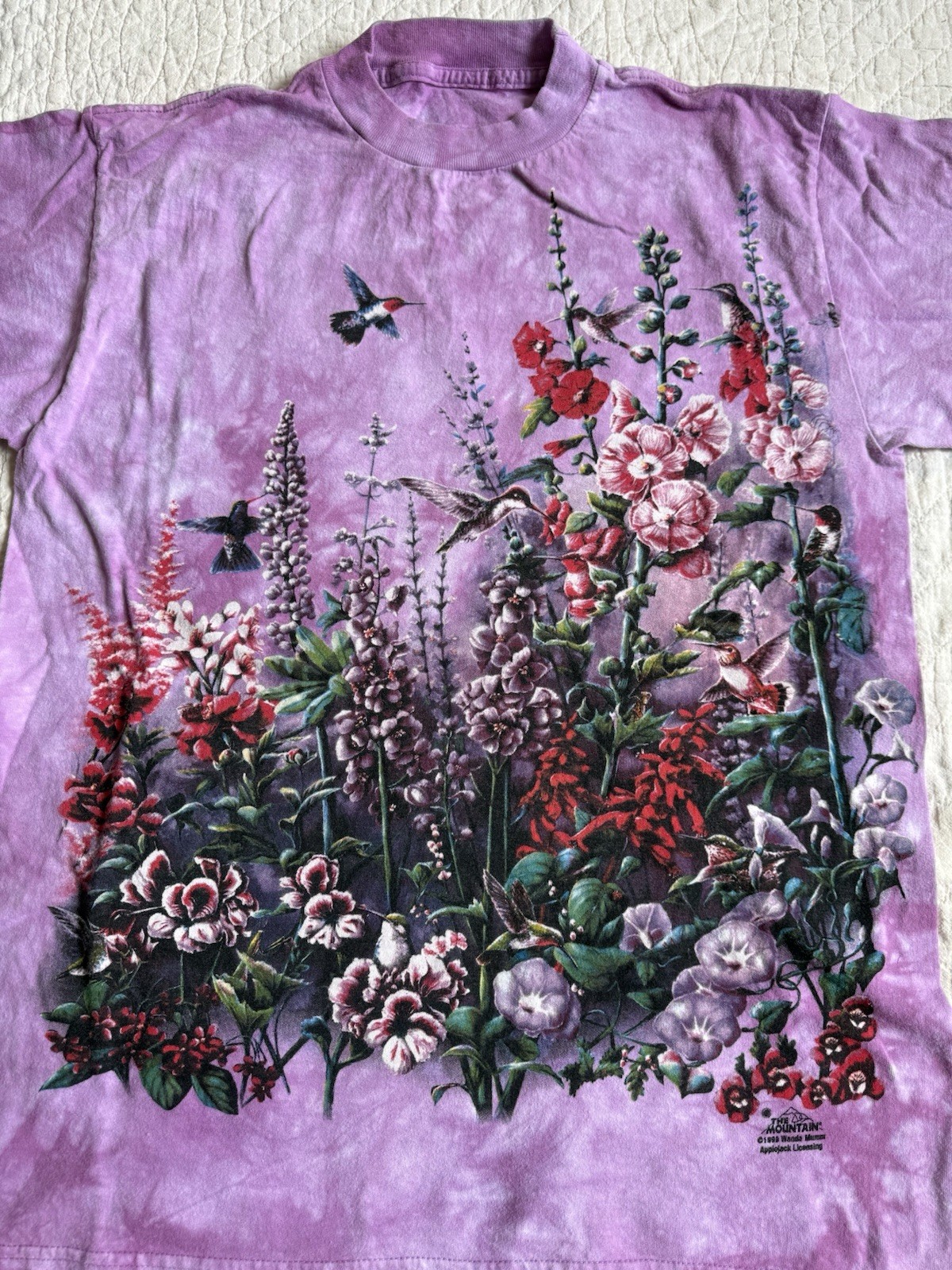 Vintage 90s Purple Tie Dye The Mountain Humming Bird And Flower Graphic T-shirt