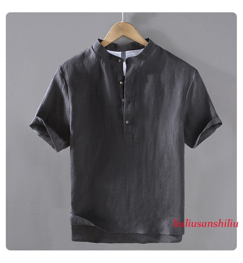 Retro Style Short Sleeve Pullover Mens Stand Collar 100% Linen Shirt Half Button
