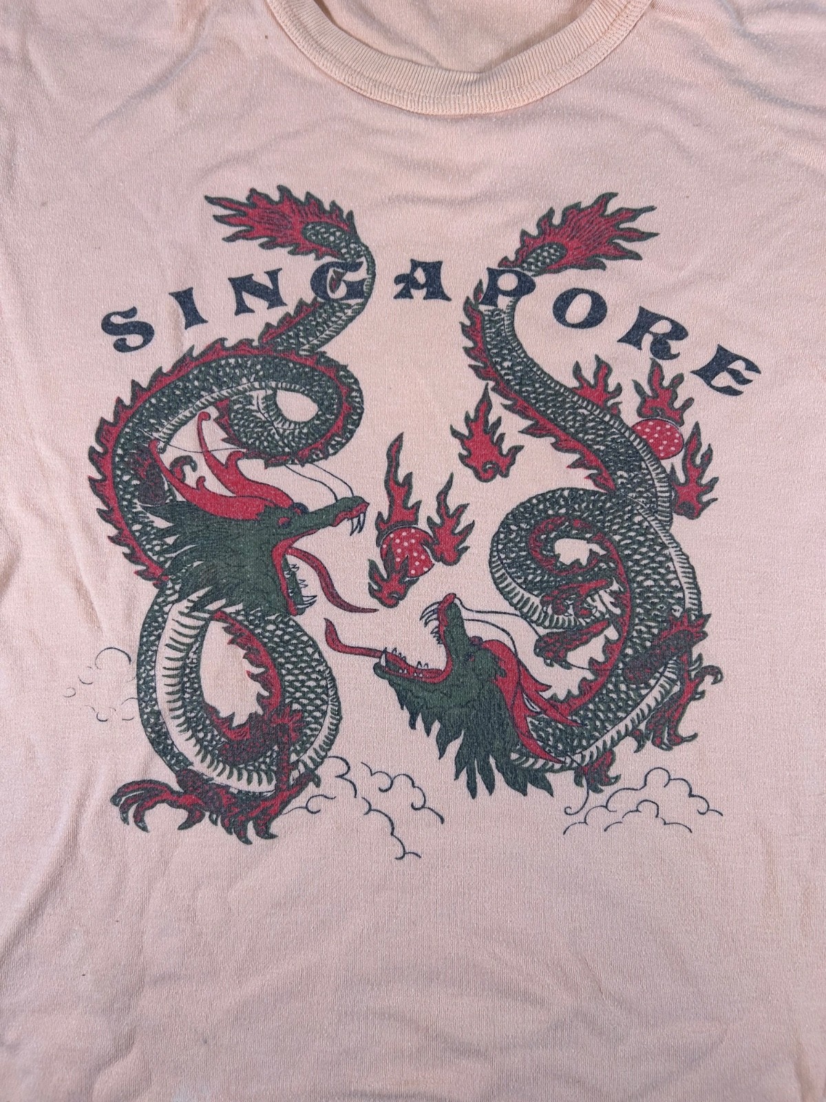 Vintage 60s 70s Singapore Souvenir Shirt Size 36 S Dragon Graphic Ringer Asia