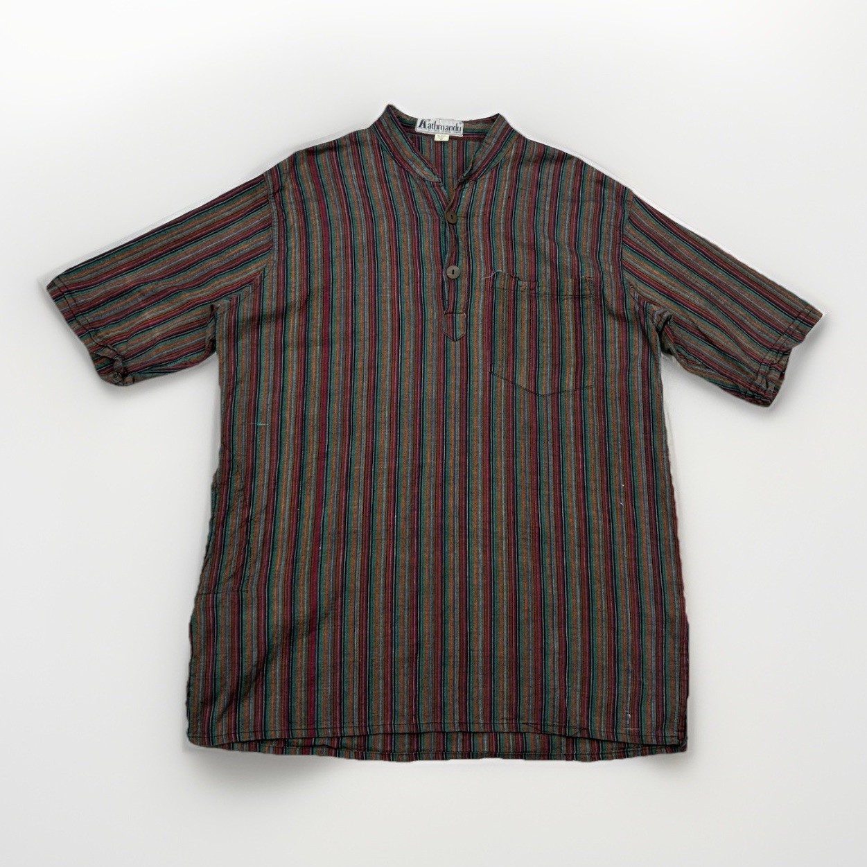 Kathmandu Nepal Striped Cotton Henley Shirt XL Boho Hippie Pocket