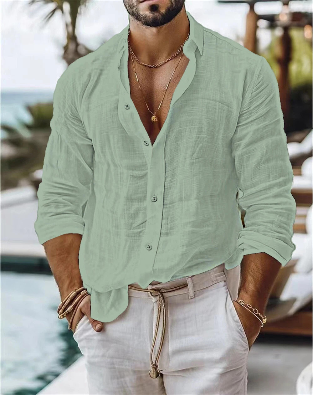 Men&rsquo;s Linen Shirt Casual Shirts Long Sleeve Button Down Tops Blouse