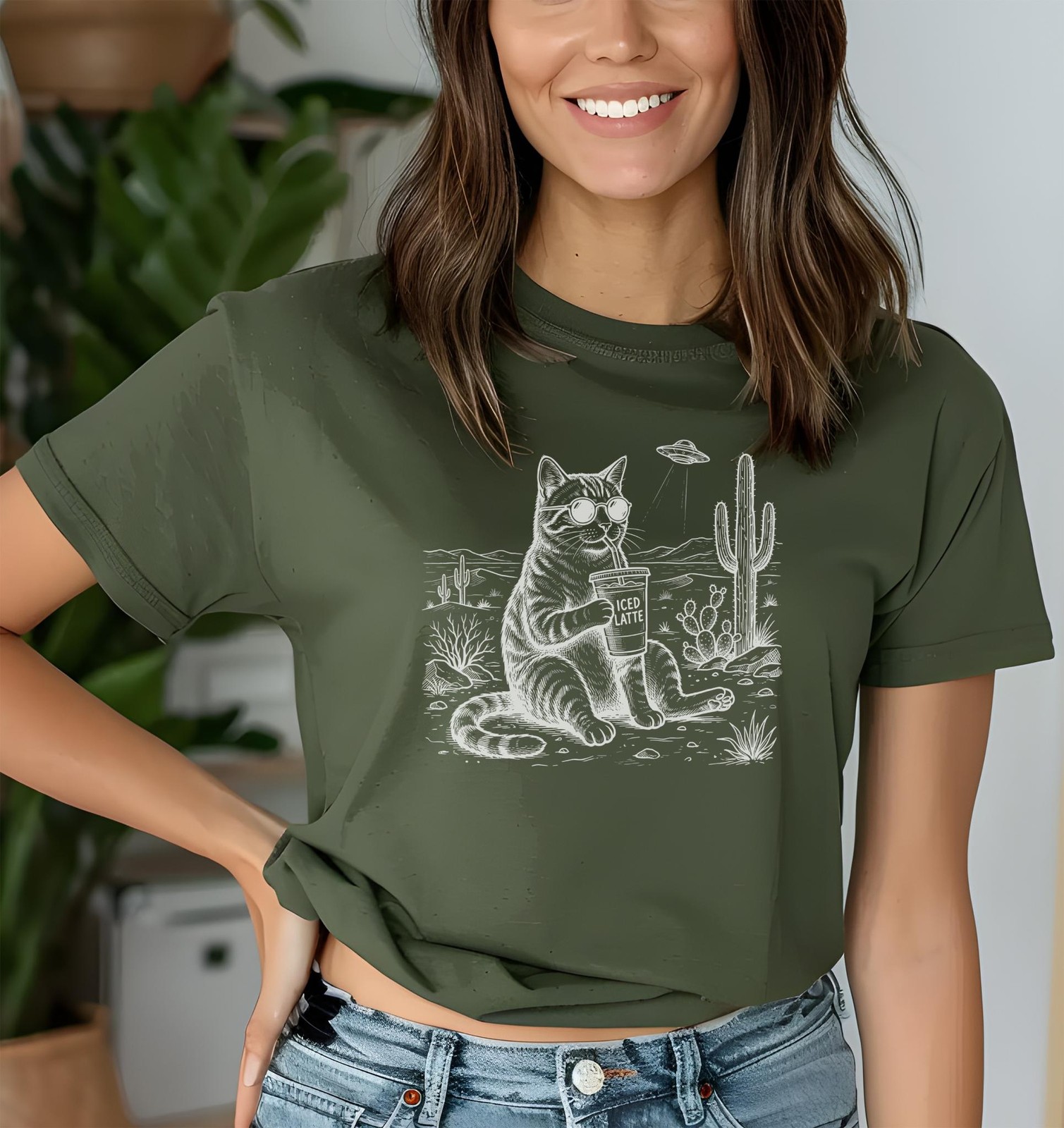 Cool Cat Iced Latte T-Shirt, Funny Tabby in Sunglasses, Desert Cactus Scene,
