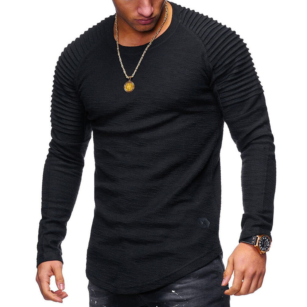 Mens Muscle T Shirt Slim Fit Top Gym Crew Neck Long Sleeve Plain Tee Shirt UK