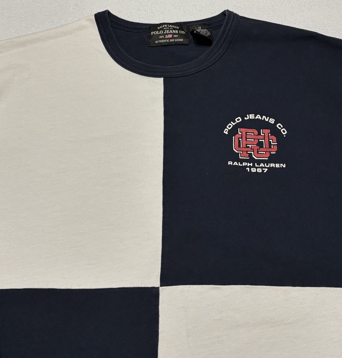 Vtg Polo Ralph Lauren Jeans CO 1967 Colorblock T-Shirt Navy White Size Large