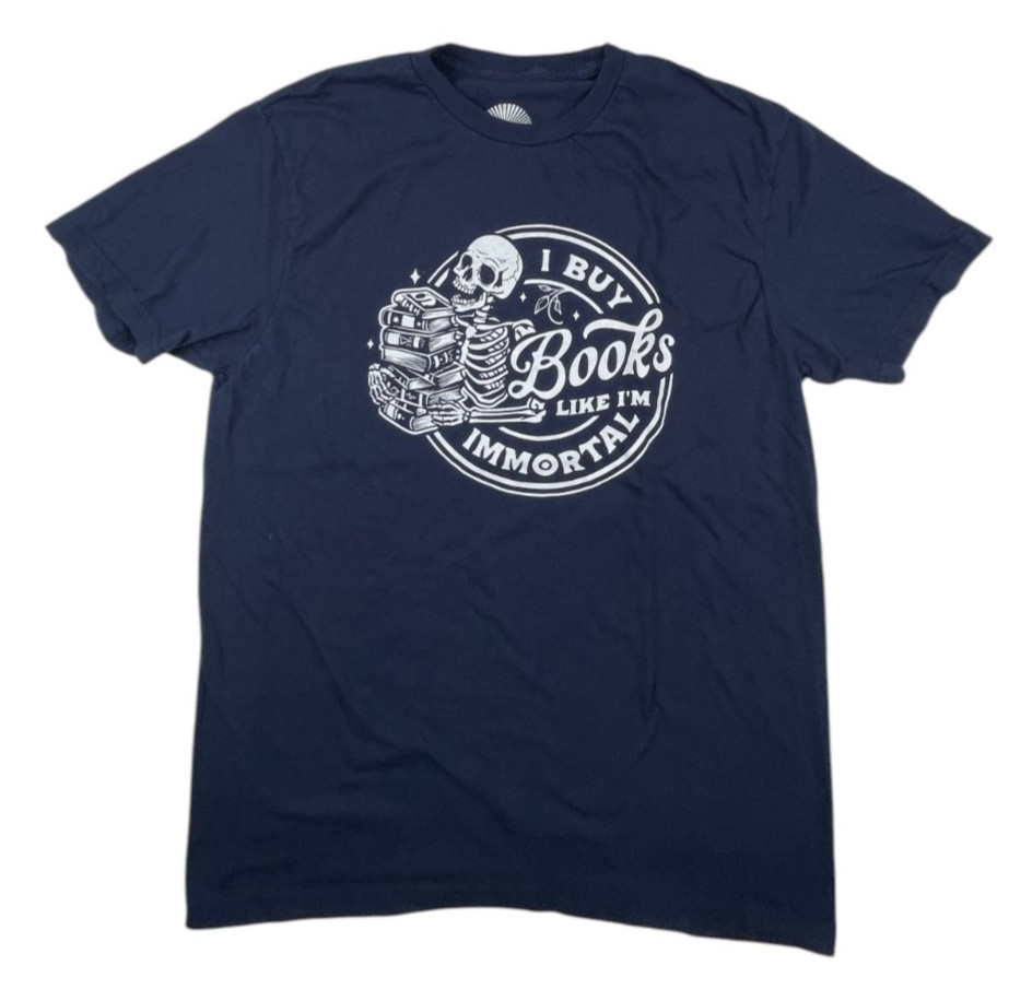 Bookvibez – I Buy Books Like I&rsquo;m Immortal Short Sleeve Blue T-Shirt Size MEDIUM