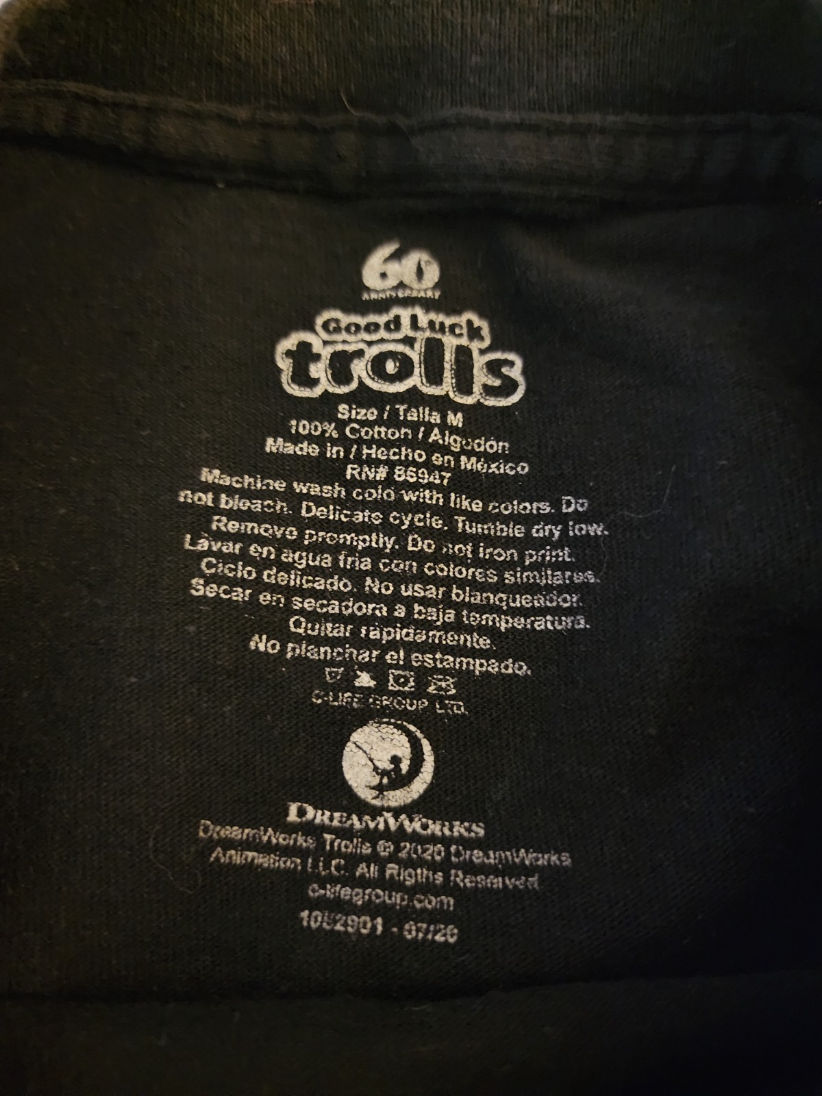 Trolls Good Luck 60 Anniversary Dreamworks Movie T-shirt Adult Medium Black