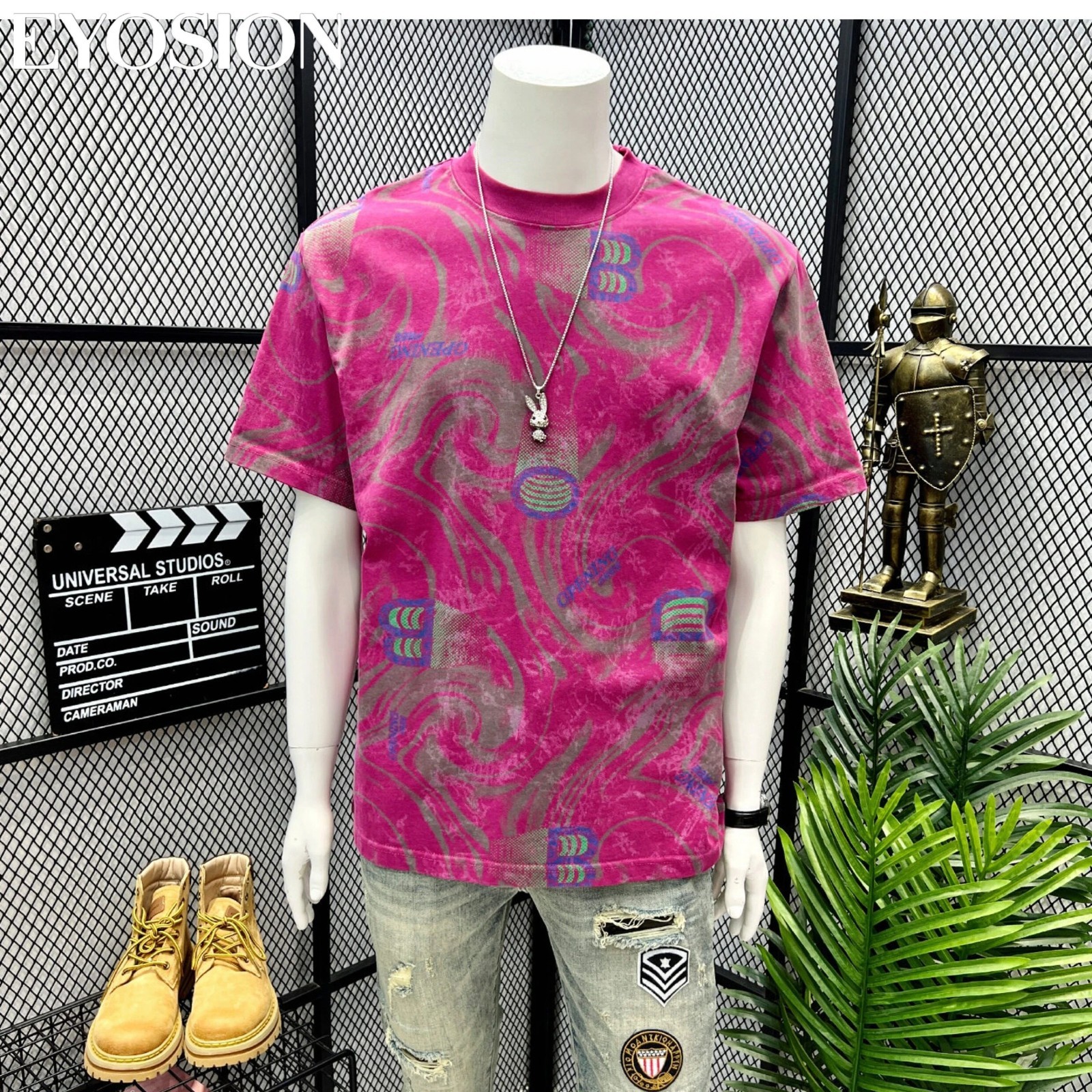 Men Designer Abstract Marble Print Cotton T-Shirt Retro Casual Short Sleeve Tee