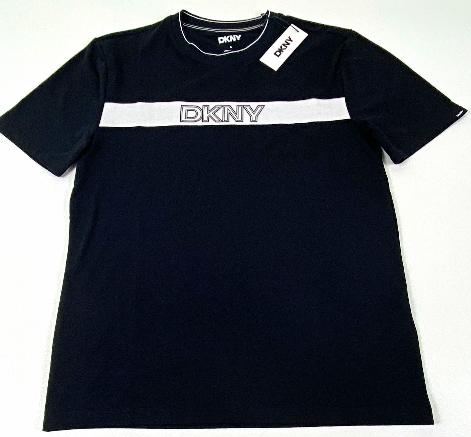 DKNY Sport Black/White Logo Stripe Crew Neck Short Sleeve T-Shirt Size S.