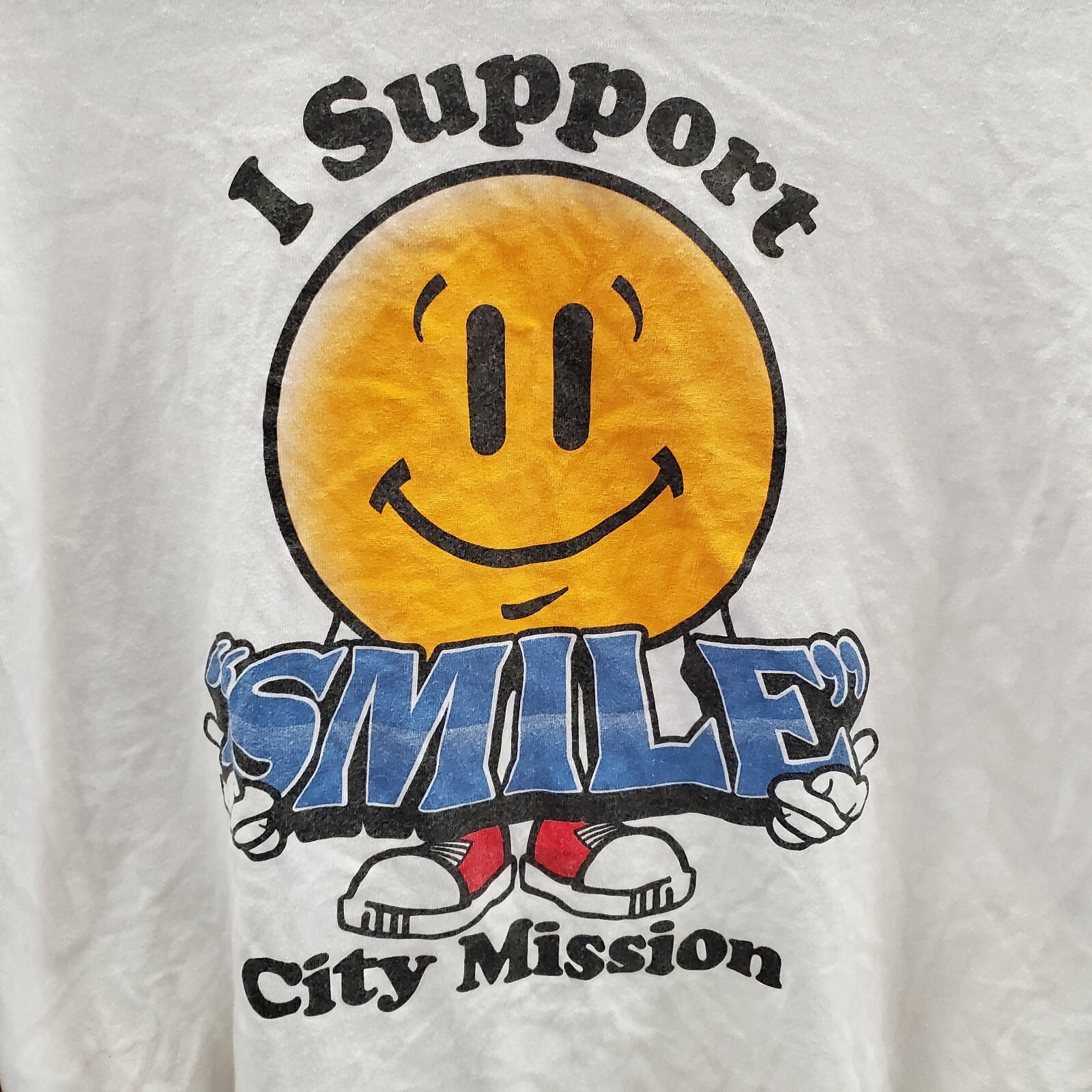 I Support Smile City Mission Smiley Face Shirt Size Large White Graphic T-Shirt