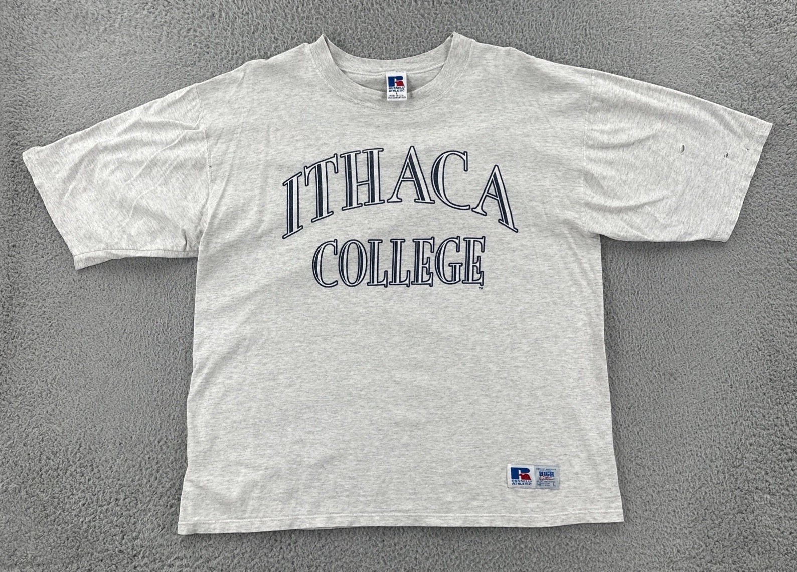 Vtg Distressed Russell Athletic Large Gray Made In USA Shirt Ithaca College Tee