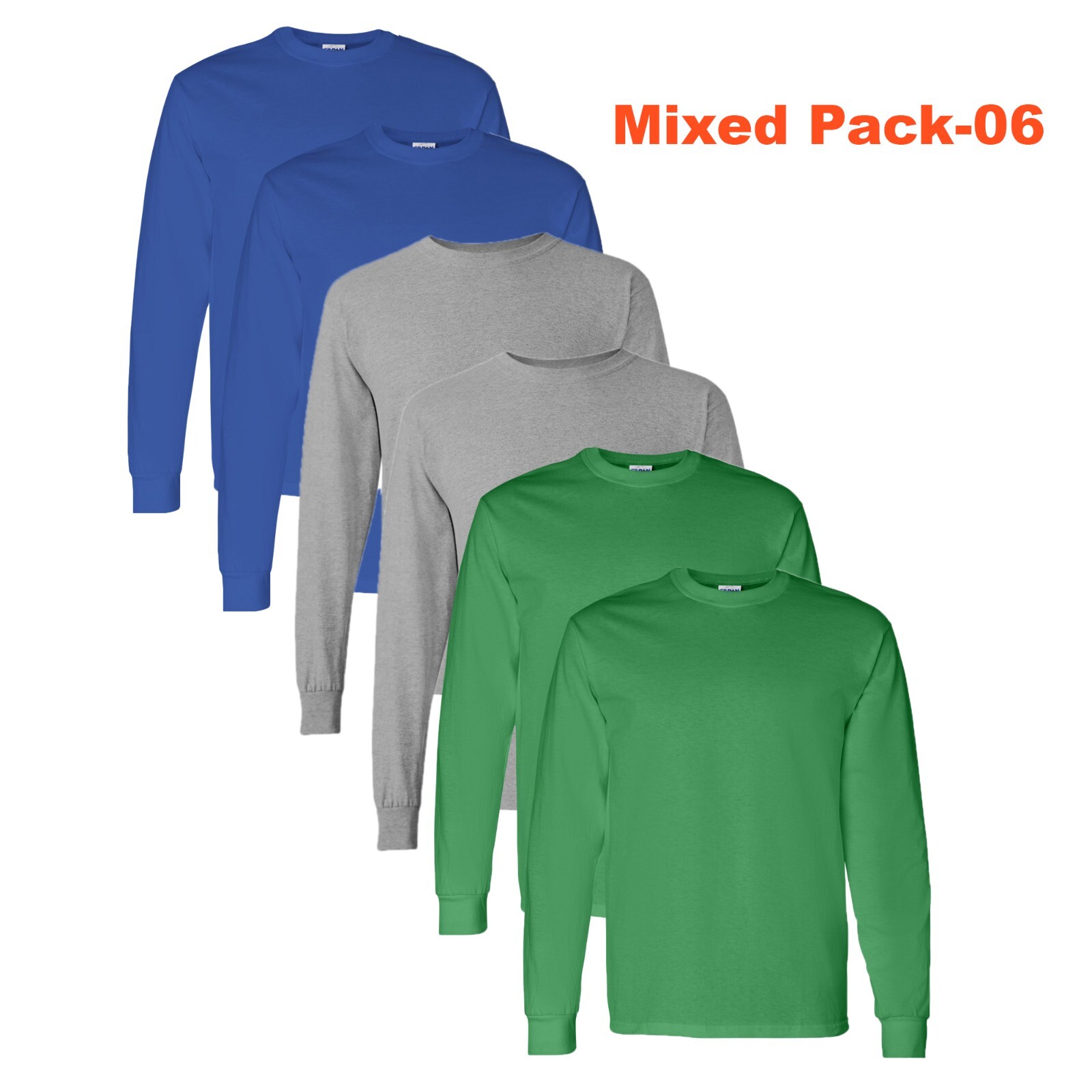 Long Sleeve T-Shirt Gildan – 100% Heavy Cotton Multicolor Tee Bulk 6 Pack Shirts