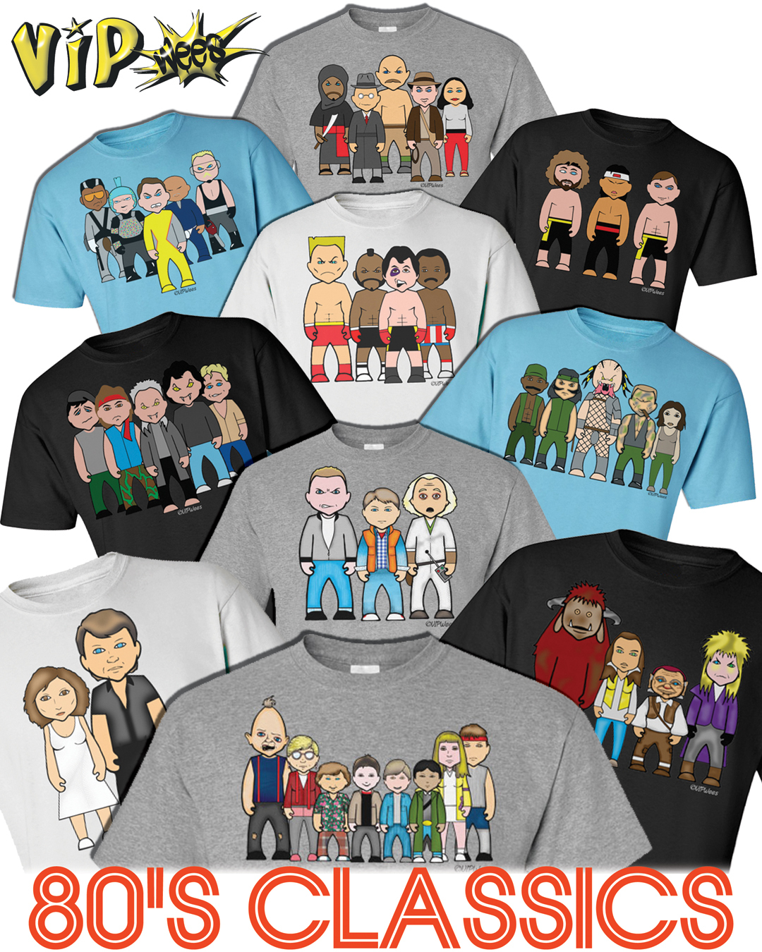 VIPwees Mens T-Shirt Quality Cotton 80s Movie Inspired Caricatures Choose Design
