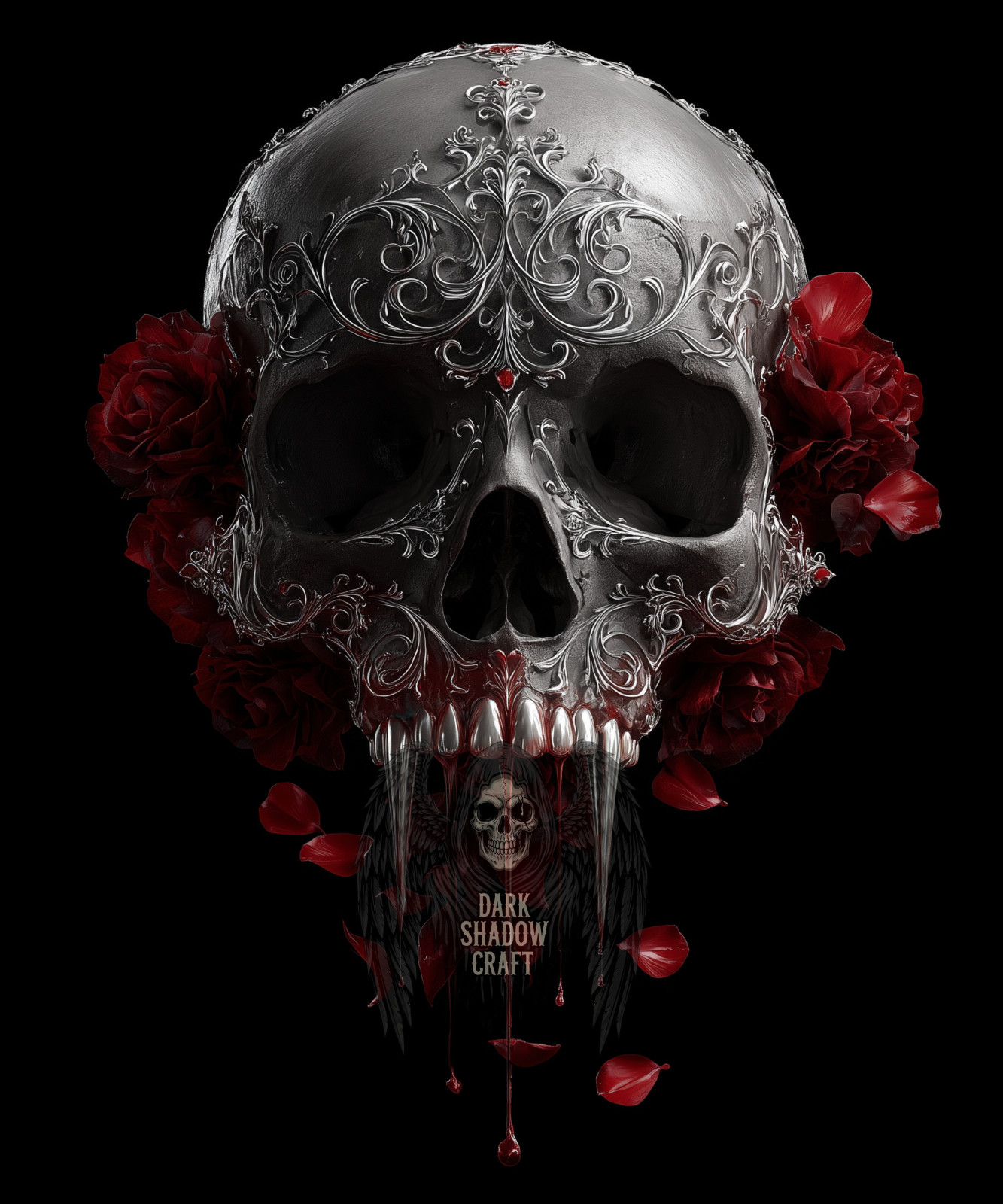 Vampire Skull T-Shirt – Blood Dripping Fangs, Gothic Filigree, Dark Rose Art