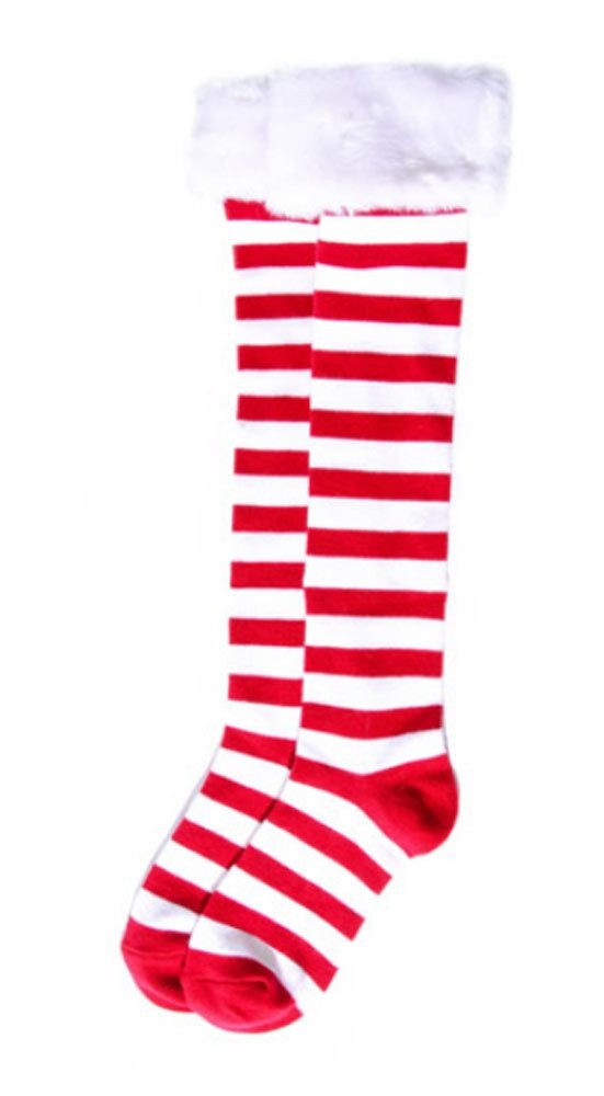 Christmas Holiday Red & White Striped Socks With Faux Fur Trim 1 PCS