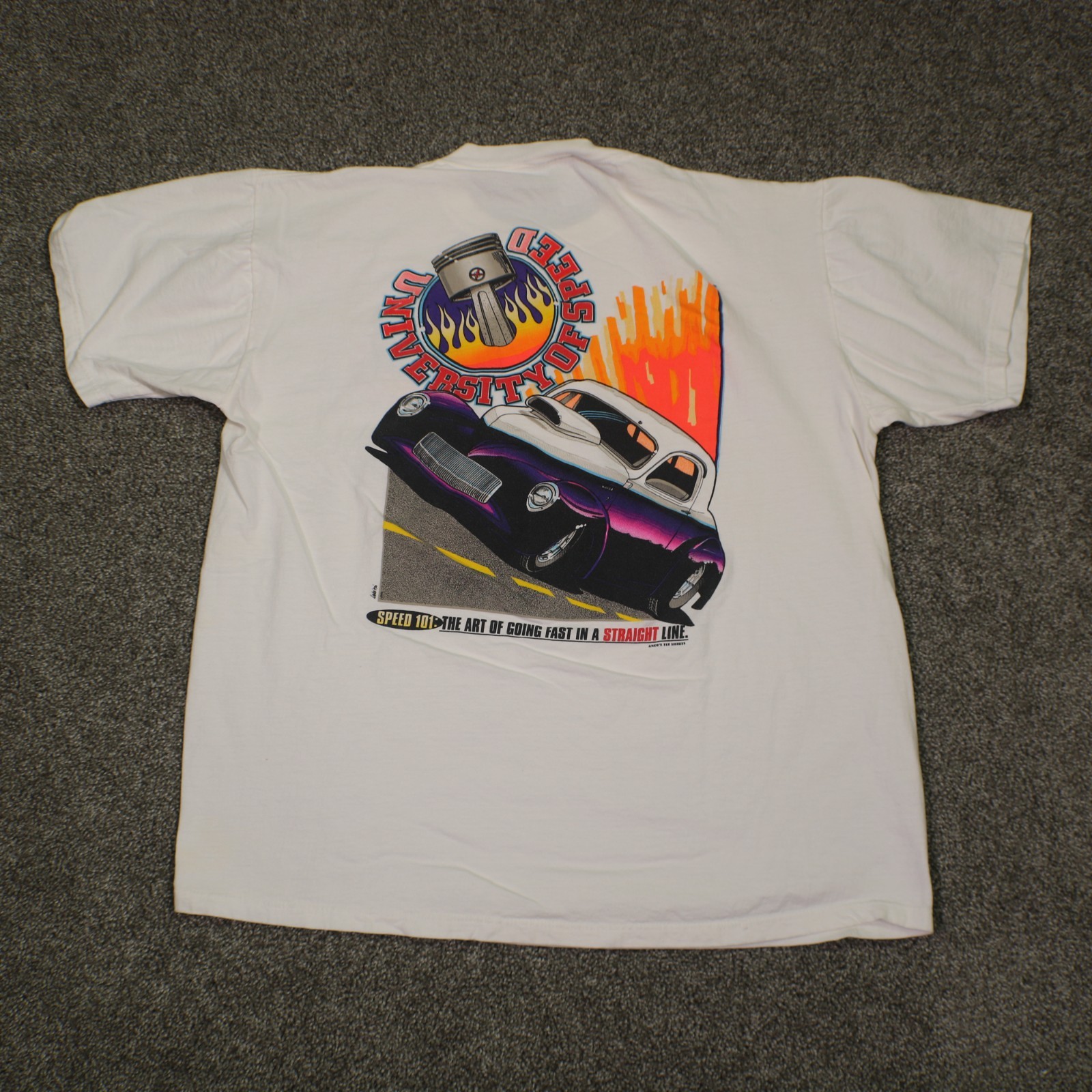 Vintage 90s University of Speed Tshirt Mens XL White Hot Rod Drag Racing Graphic