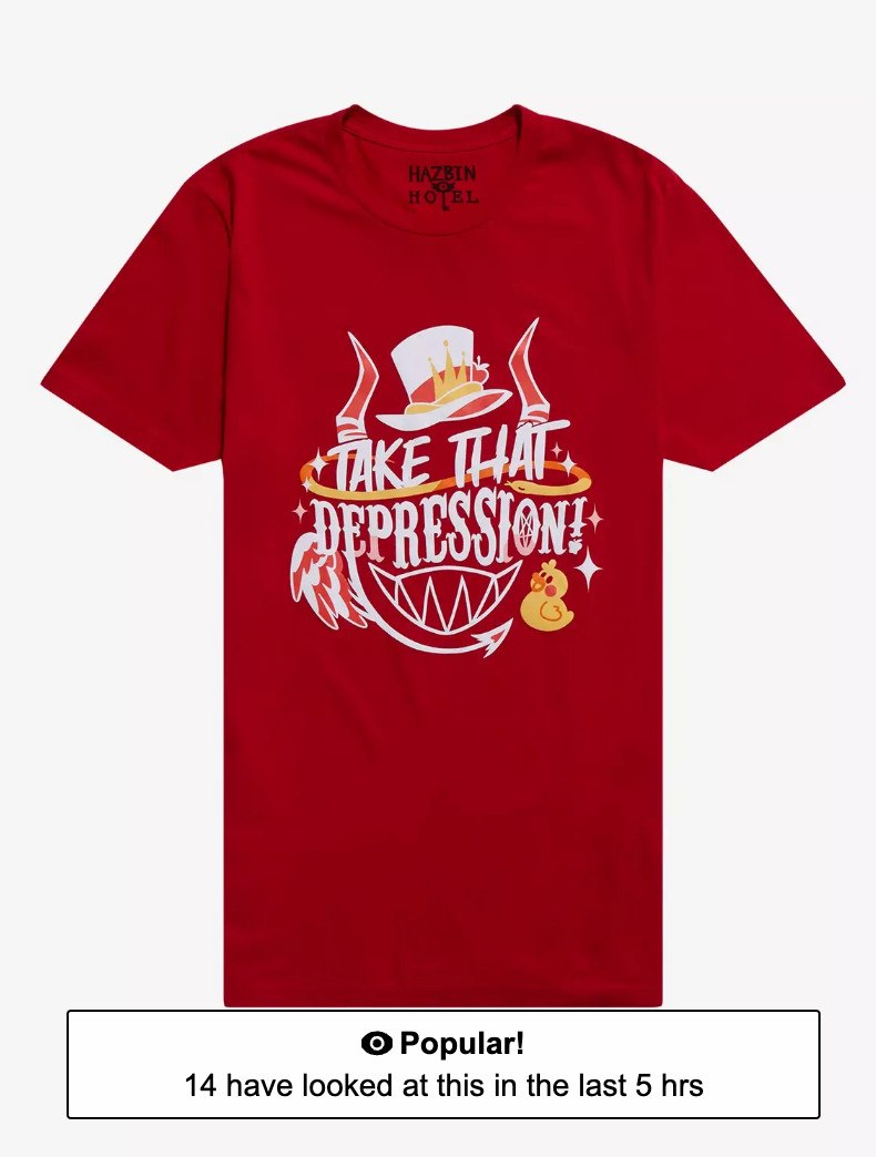 HAZBIN HOTEL – TAKE THAT DEPRESSION SHIRT – HOT TOPIC – LARGE – BRAND NEW