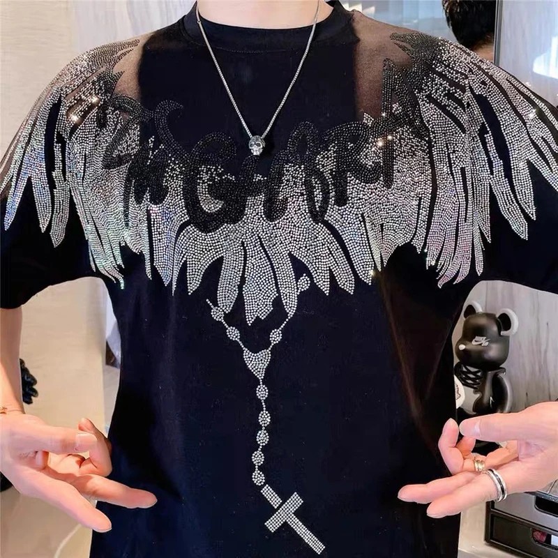 New Men Luxury Diamond Wings Rhinestones Fashion T-Shirt High Quality