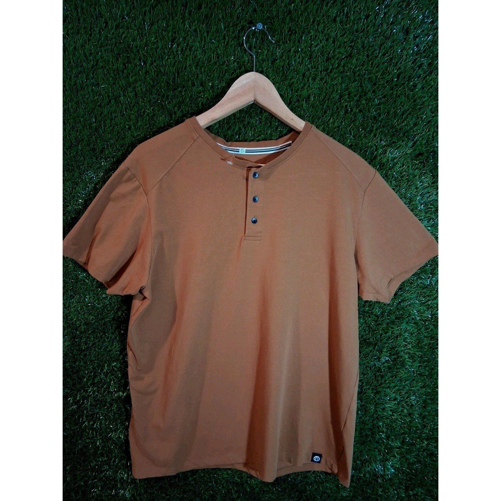 Free Planet Men&rsquo;s Henley Shirt Size L Brown Short Sleeve It&rsquo;s All About The…