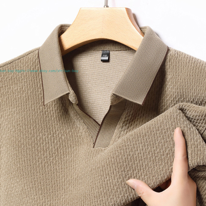 New Basic Turn-Down Collar T-Shirts Men&rsquo;s Casual Long Sleeve Vintage Buttom Tops