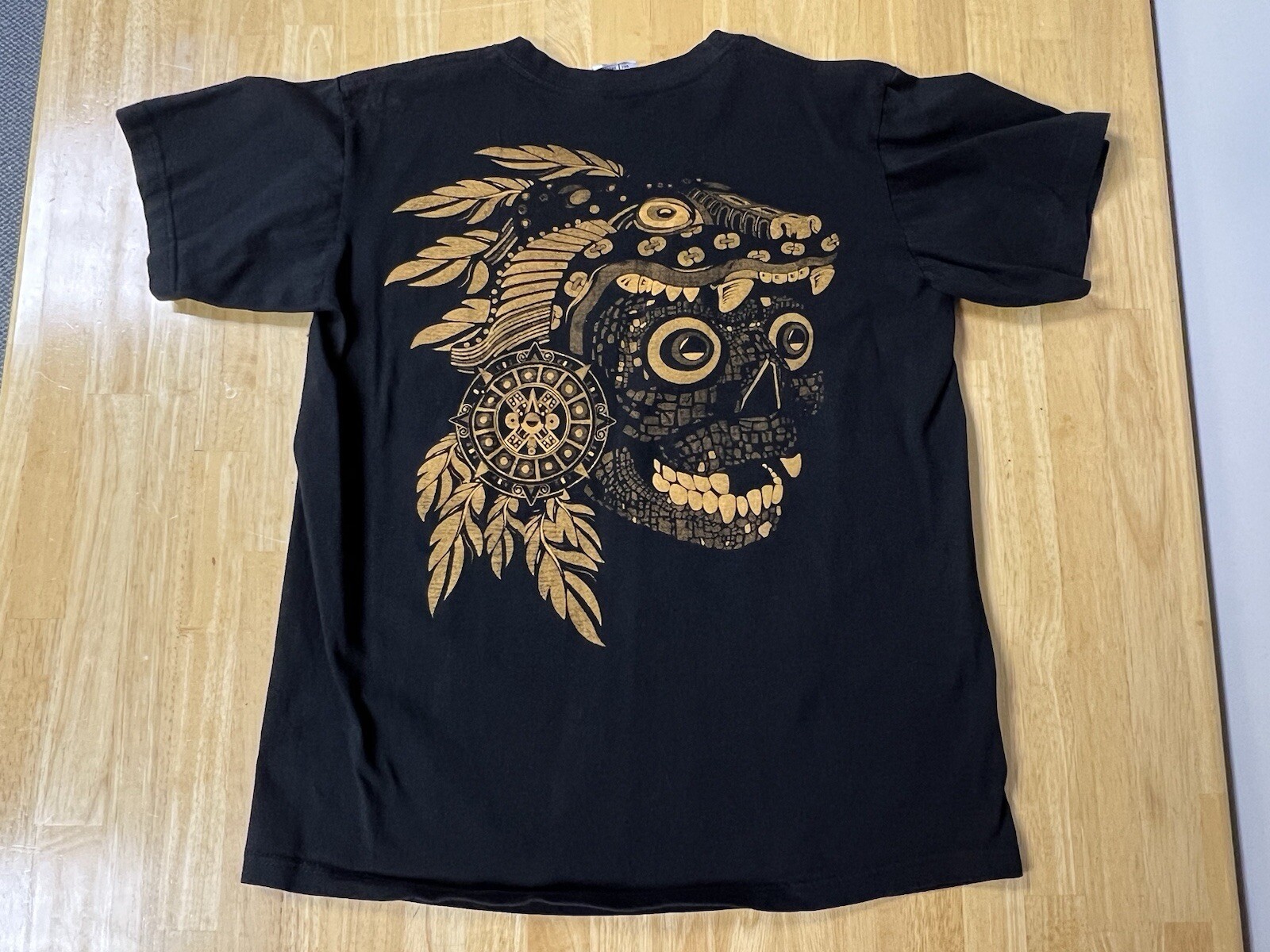 AZTEC SKULL T SHIRT ART TEE Front Back Hits Unique LARGE Neon Black Vision See