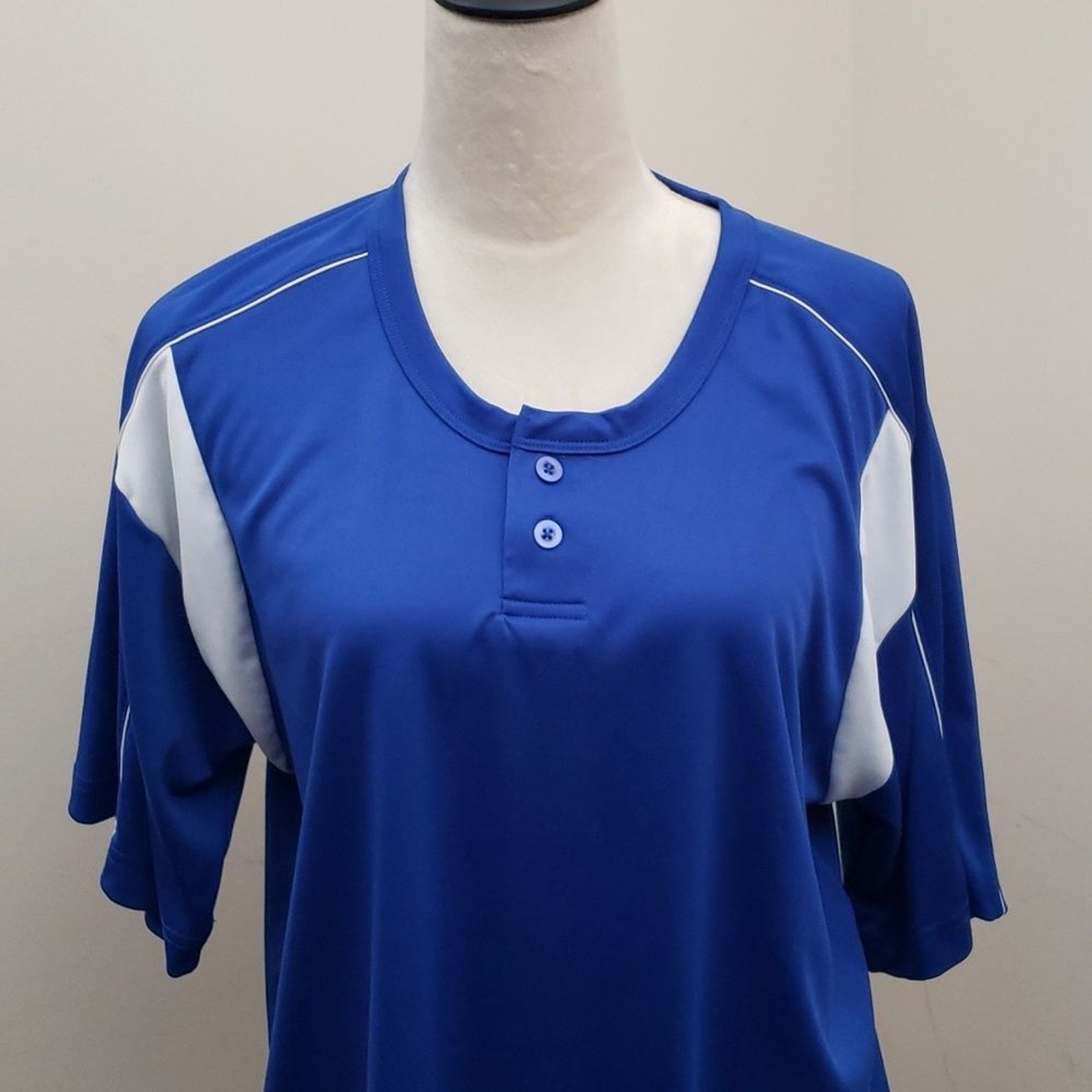 Alleson Athletic Men&rsquo;s Blue White Henley Short Sleeve Polyester T-Shirt, Size L
