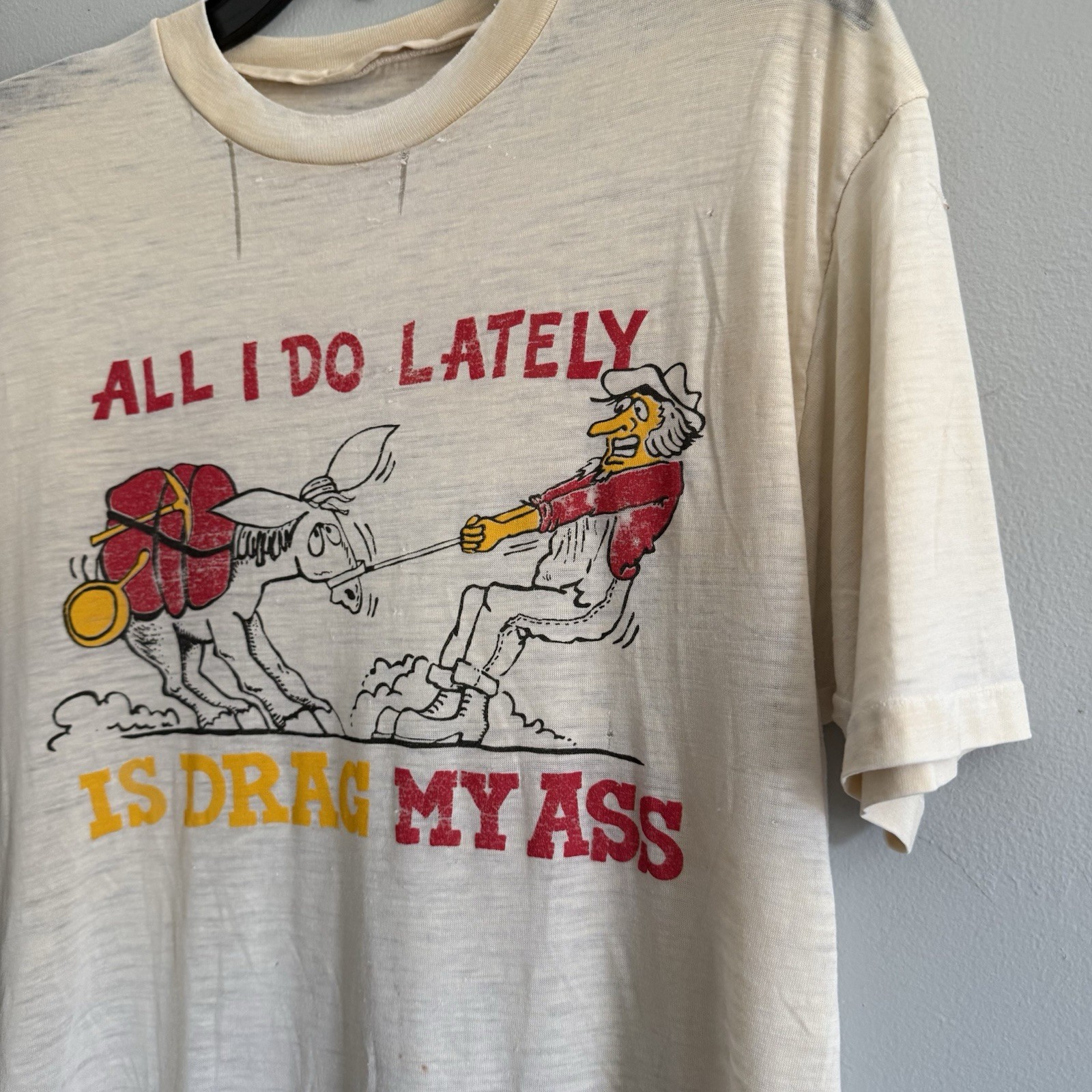 Vintage 50s 60s Paper Thin Novelty Character T-Shirt Distress Sz Mens L 21×27