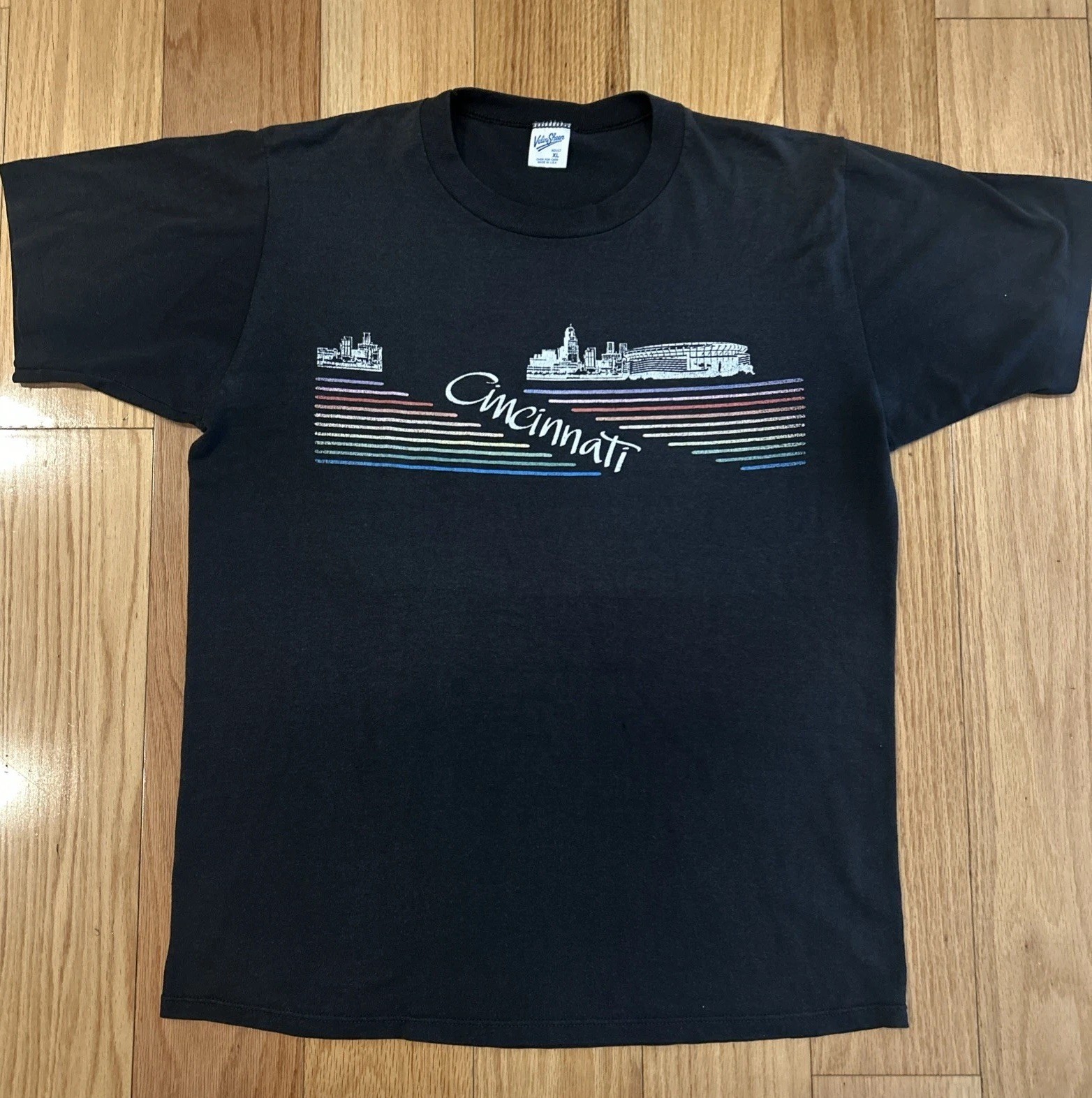 Vintage Cincinnati Riverfront Stadium Black Velva Sheen T-Shirt Size XL 80s 90s