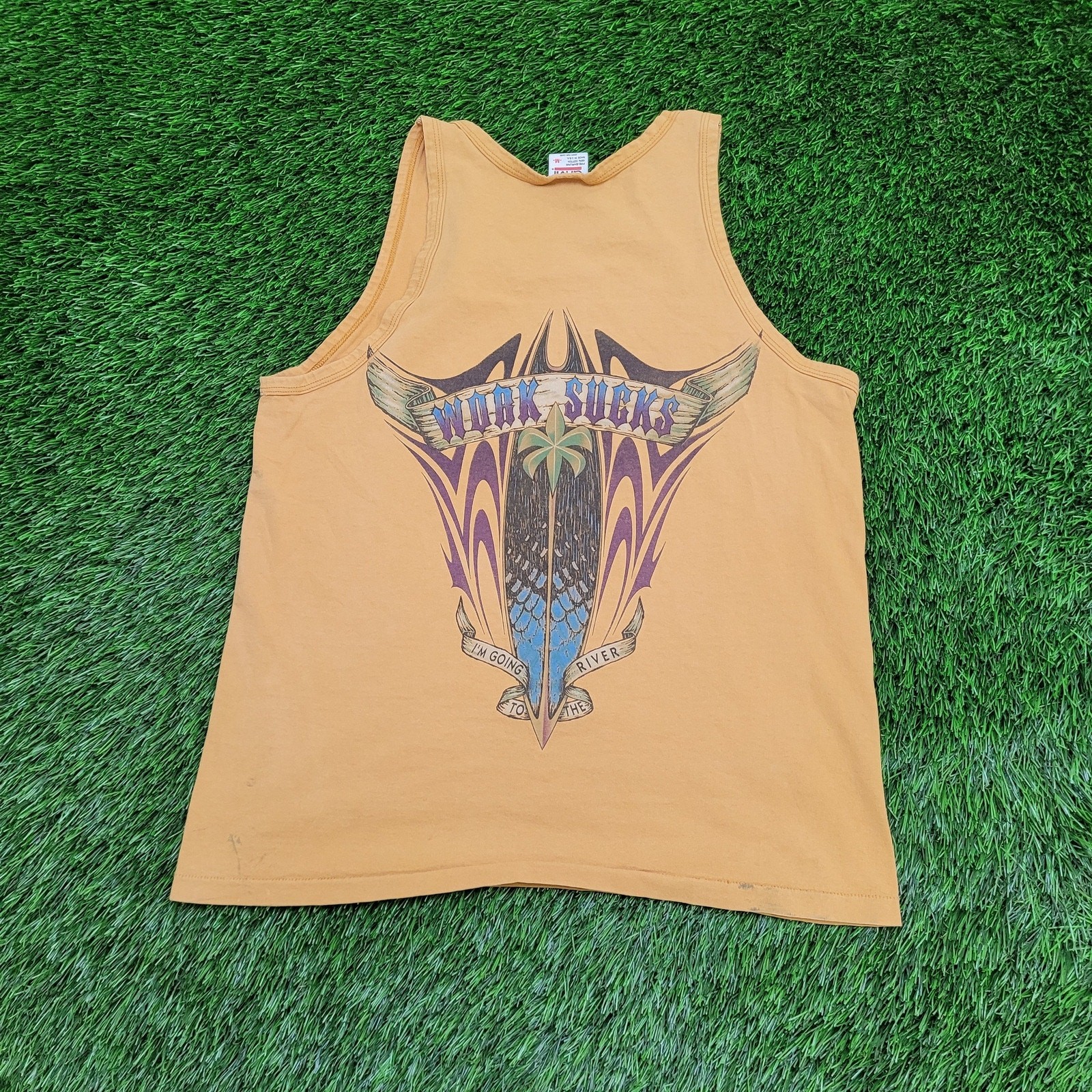 Vintage 90s Funny Work-Sucks Tank-Top Medium 19×25 Harrahs-Laughlin